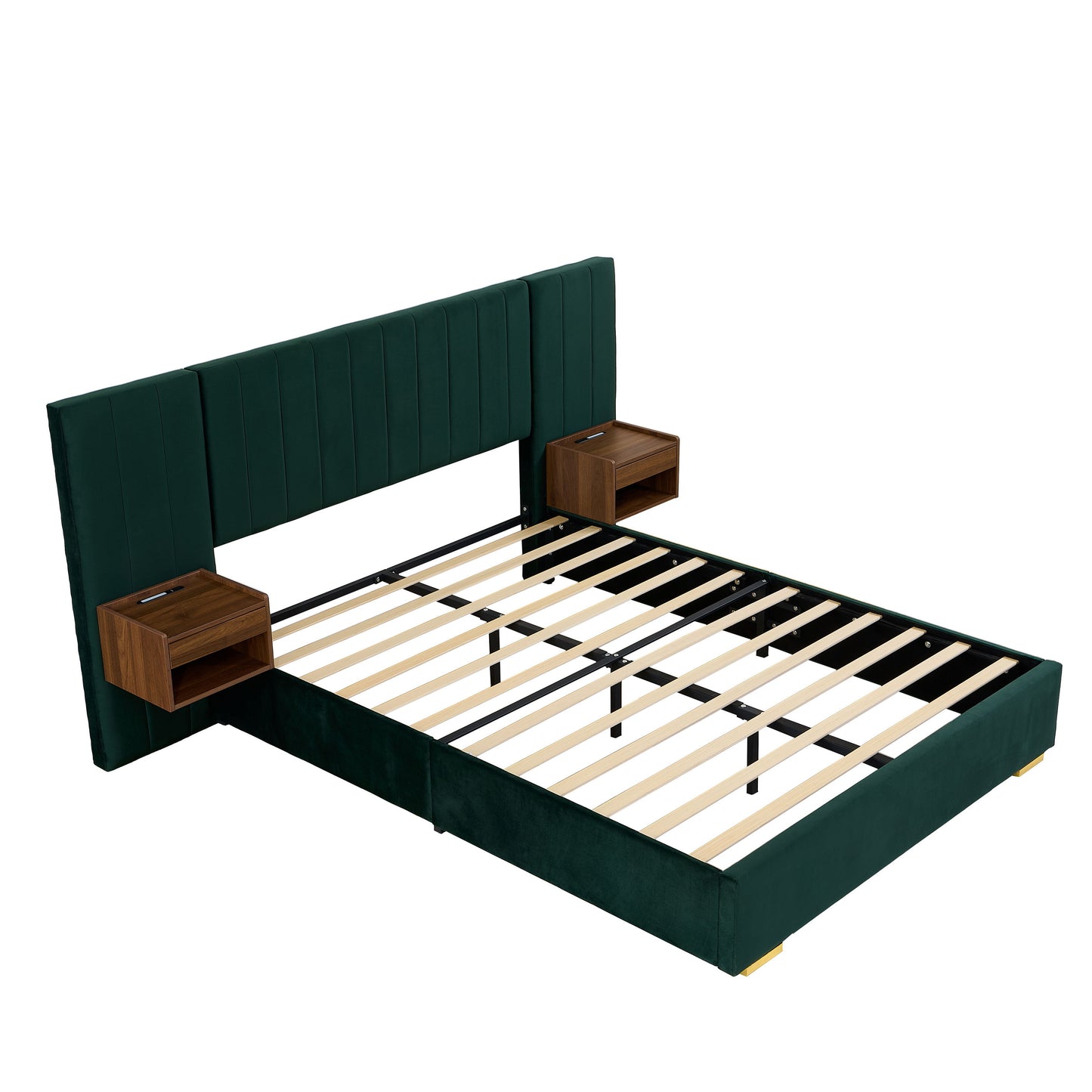 Upholstered Bed Frame Of Velvet Tufted Headboard With Floating Nightstand LED / USB Built