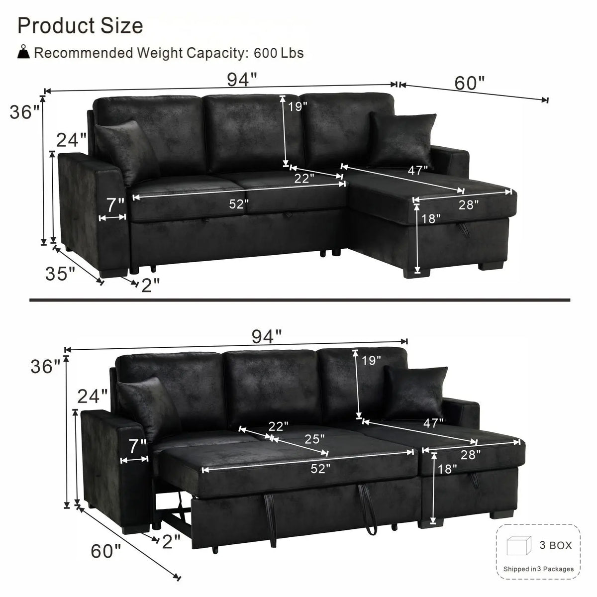 Upholstered Sectional With Pull-Out Bed And Chaise Storage Home Essentials