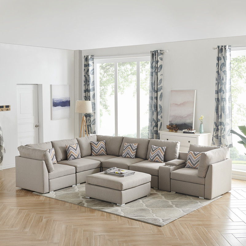 Amira - Fabric Reversible Modular Sectional Sofa With USB Console And Ottoman