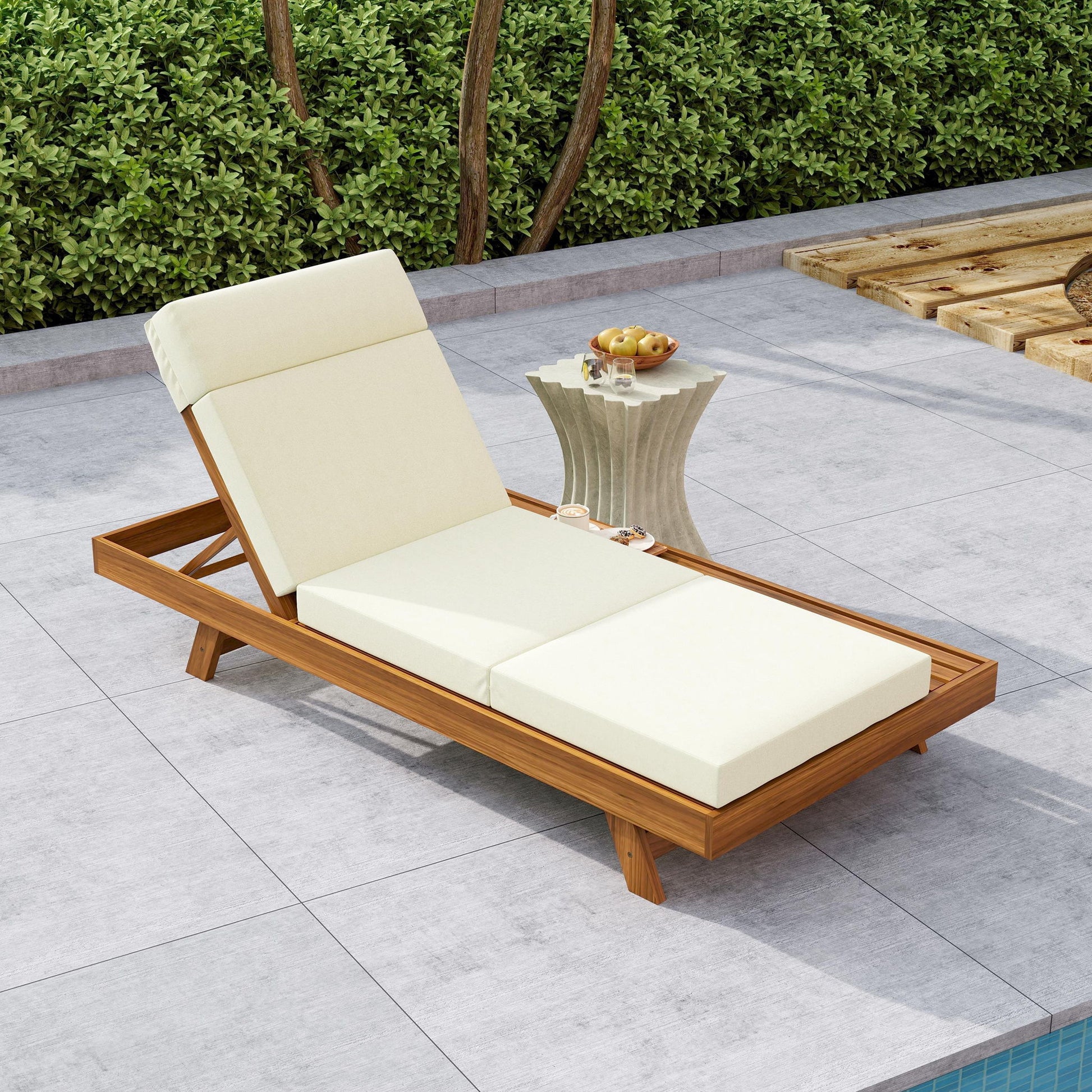 Acacia Wood Lounge Chaise Set With Headrest And Water Resistant Cushions - Beige Noble House