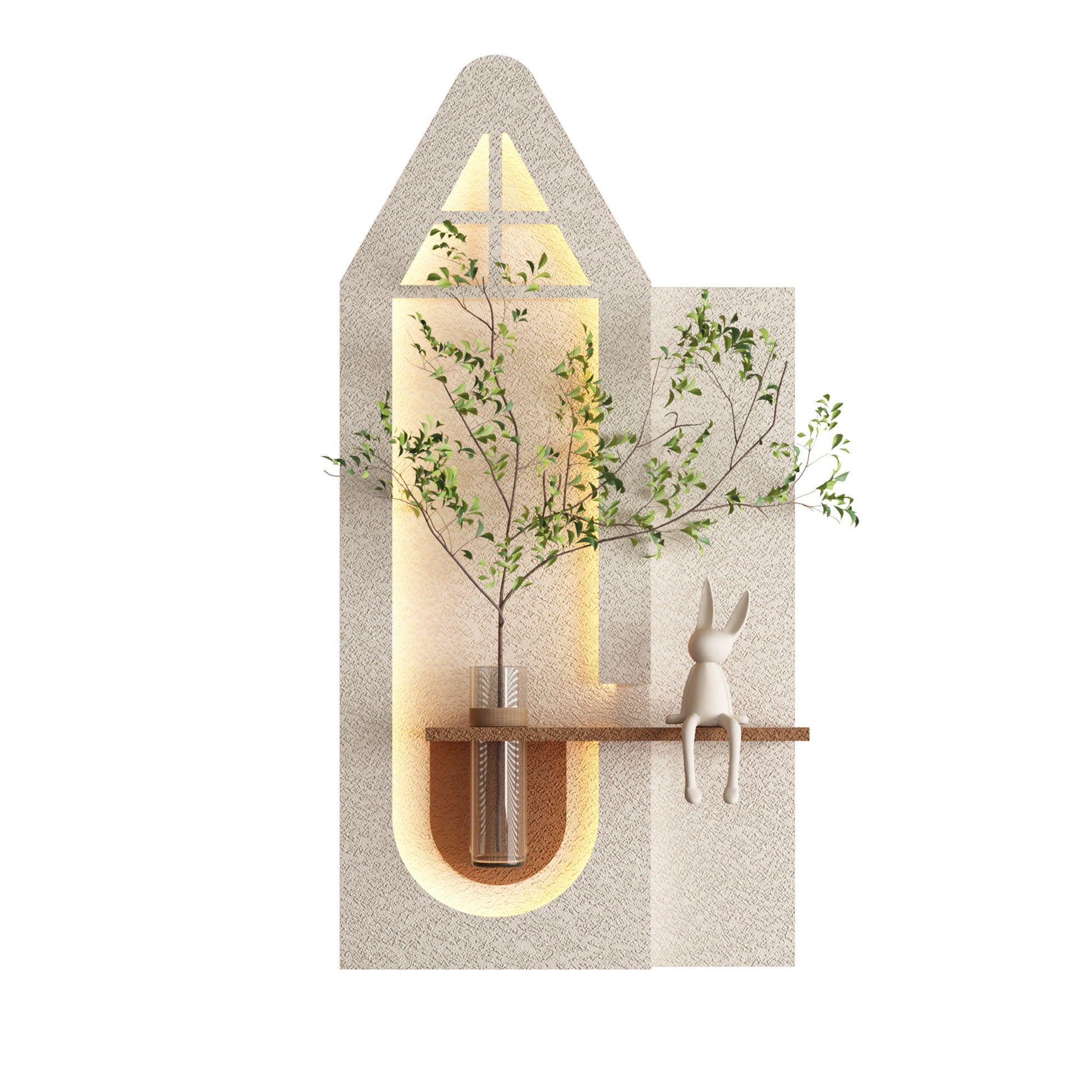 Adjustable 3 Color LED Sandstone Wall Decor With Simulated Plants, Glass Vase & Rabbit Statue - Light Coffee Daily Nest
