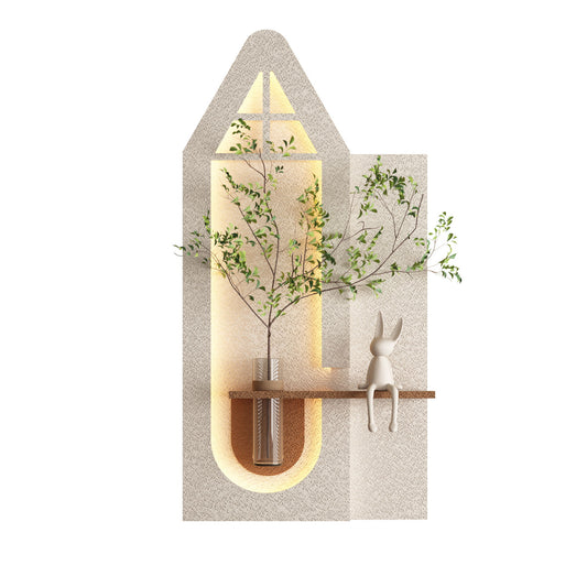Adjustable 3 Color LED Sandstone Wall Decor With Simulated Plants, Glass Vase & Rabbit Statue - Light Coffee Daily Nest