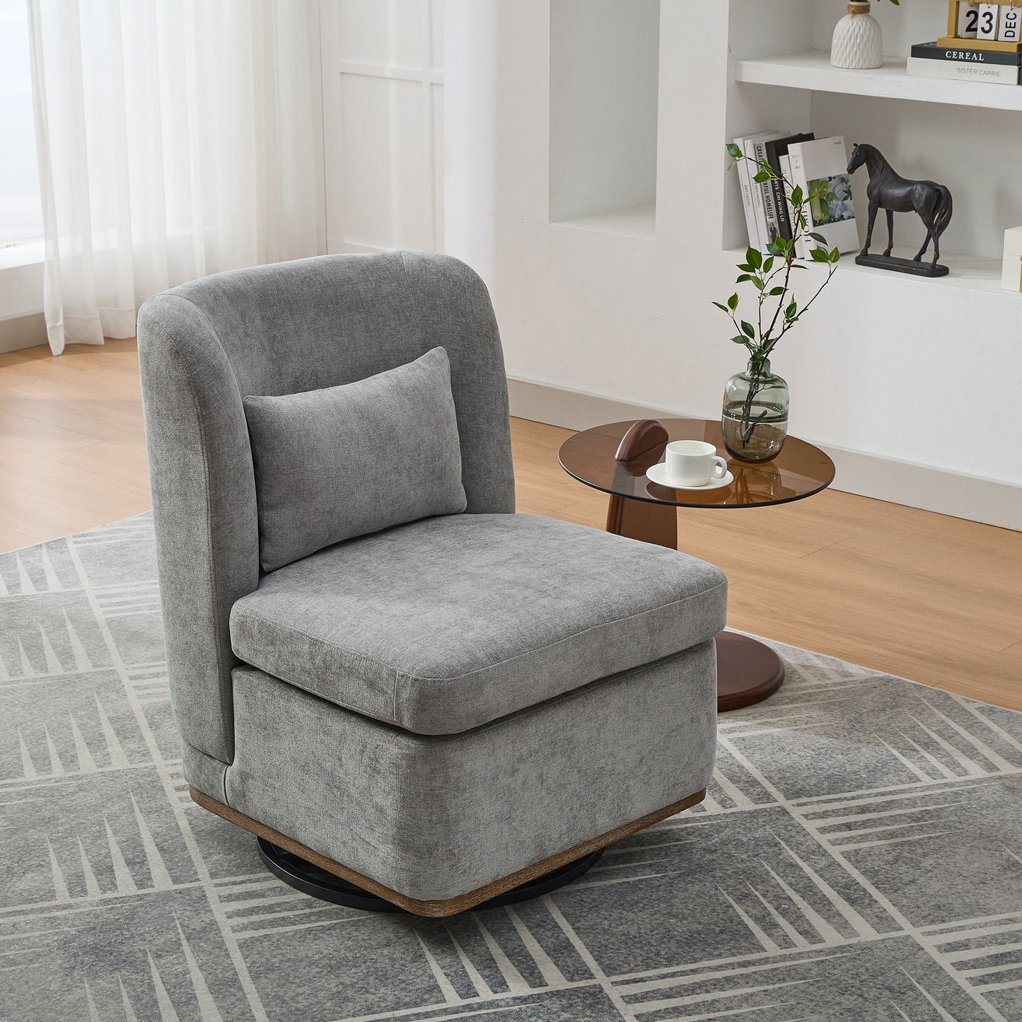 Wide Modern Chenille Cushioned Armless Metal Base 360° Swivel Chair With Pillow Home Essentials