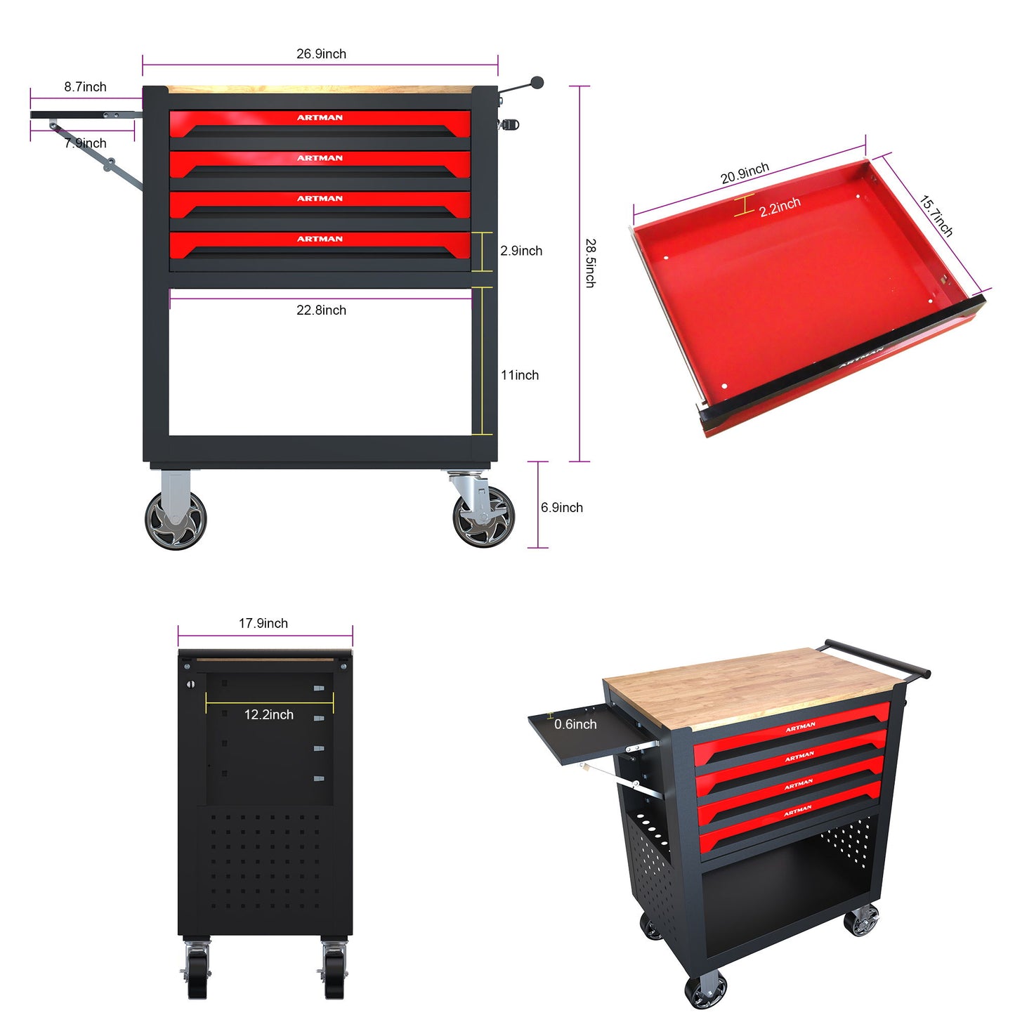 4 Drawers Multifunctional Tool Cart With Wheels And Wooden Top Daily Nest