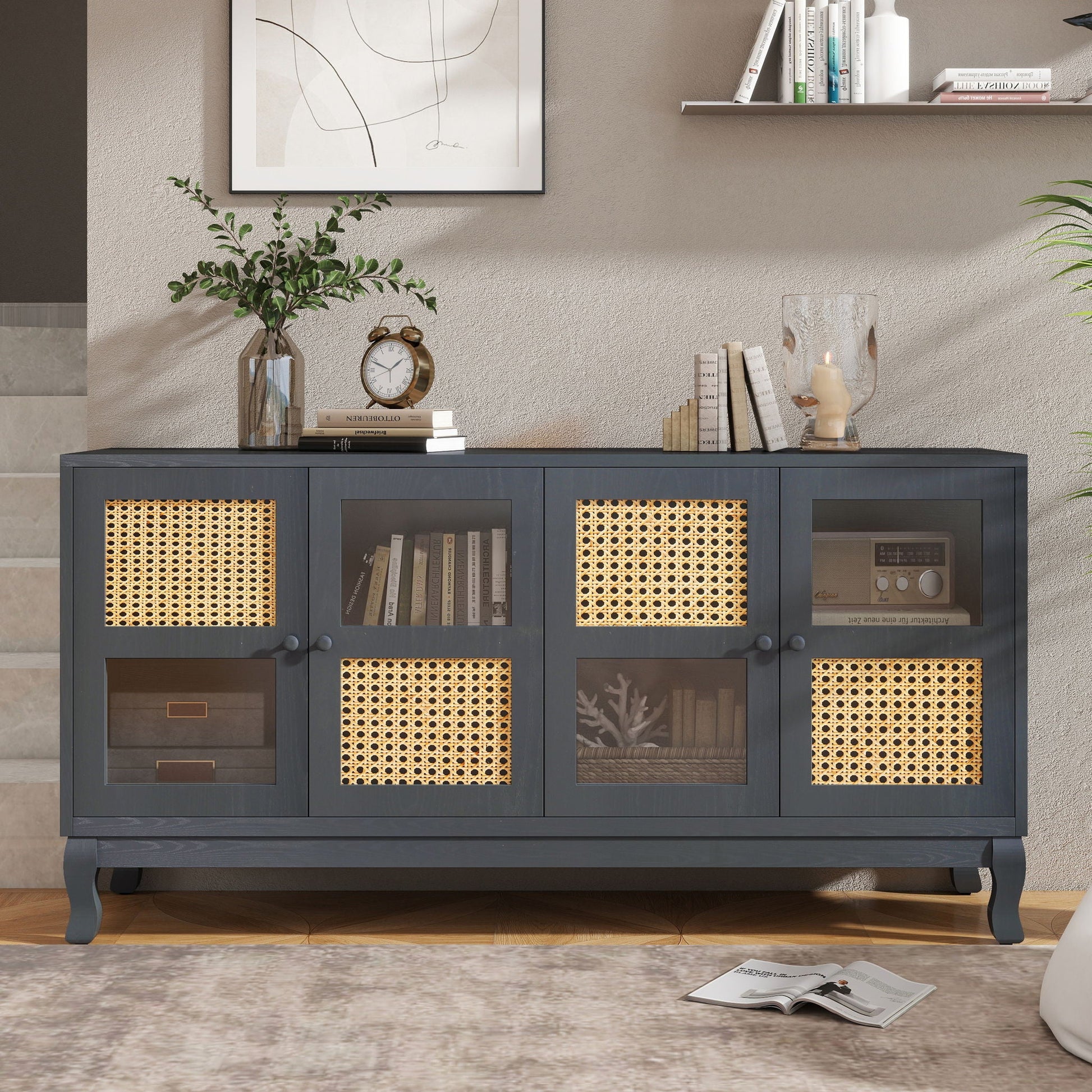 Retro Industrial 4 Door Sideboard With Large Storage, Rattan And Glass Doors Home Essentials