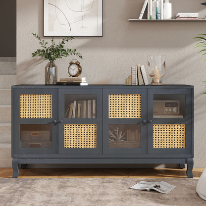 Retro Industrial 4 Door Sideboard With Large Storage, Rattan And Glass Doors Home Essentials