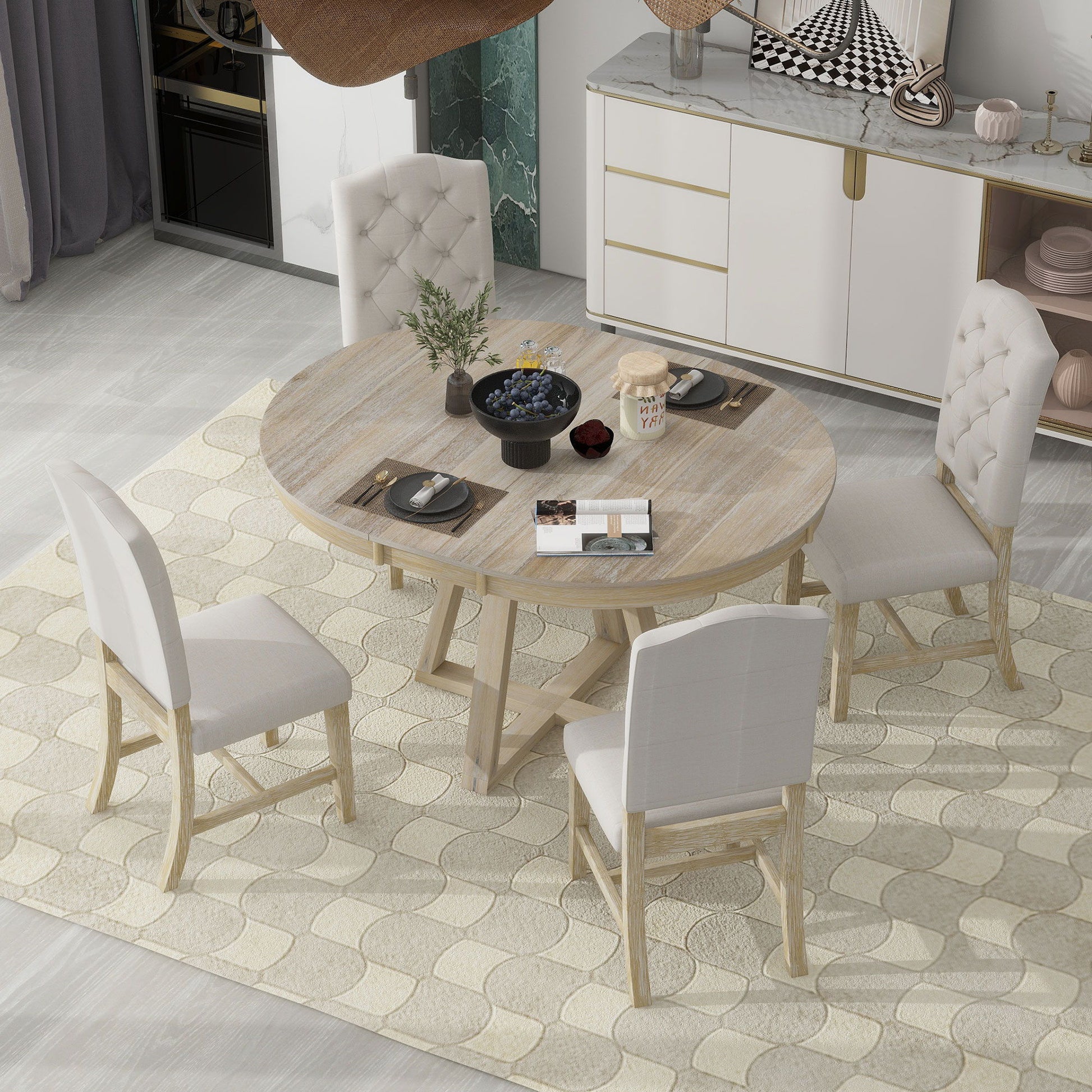 Retro Functional Dining Set, Round Table With Leaf And Upholstered Chairs For Dining Room And Living Room Hearth and Haven