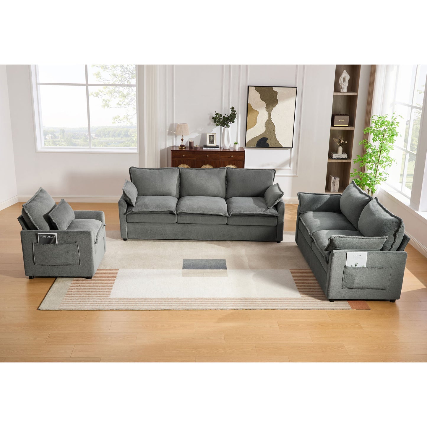 Modern Sofa Set With Double Layer Cushion And Side Storage Pockets Hearth and Haven