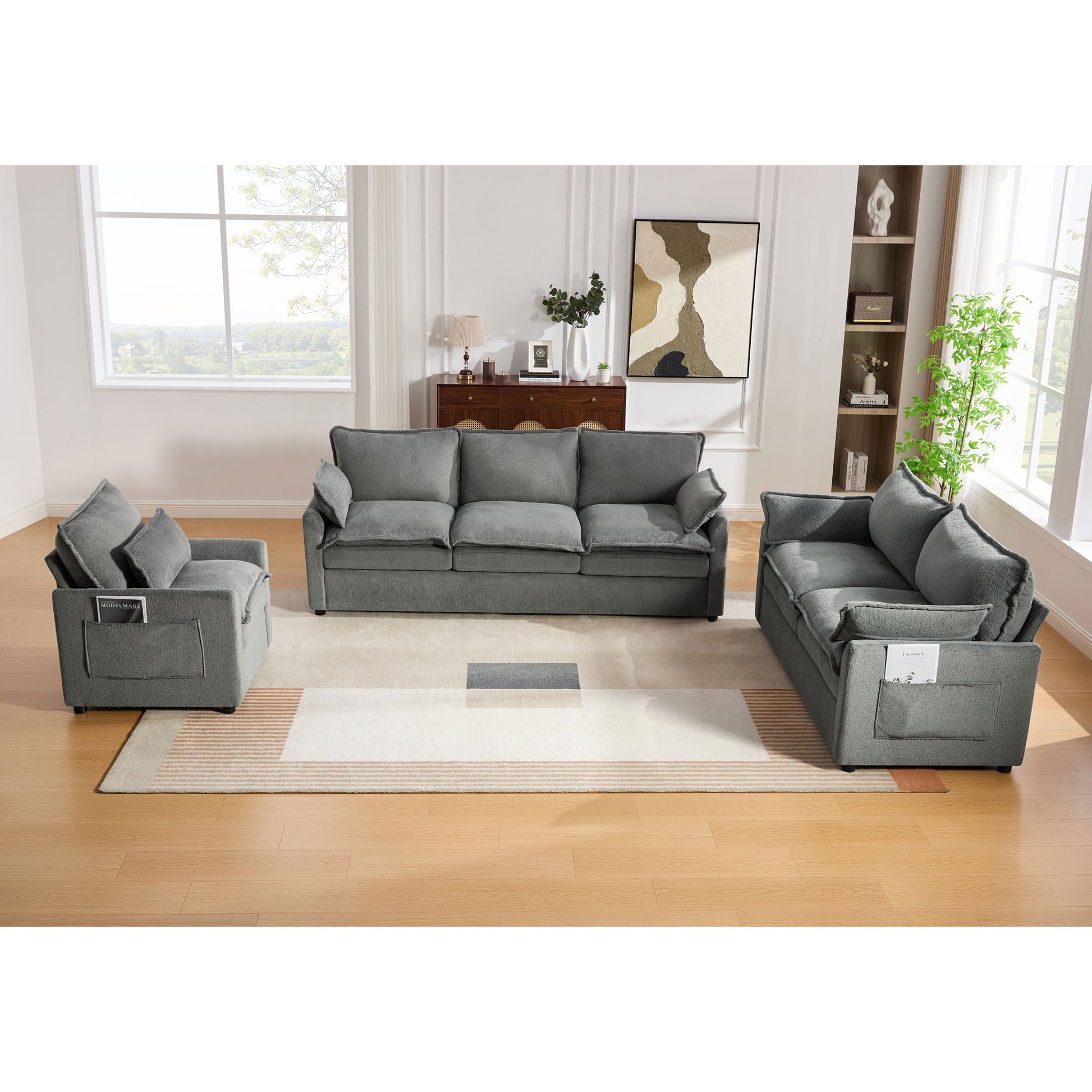 Modern Sofa Set With Double Layer Cushion And Side Storage Pockets Hearth and Haven