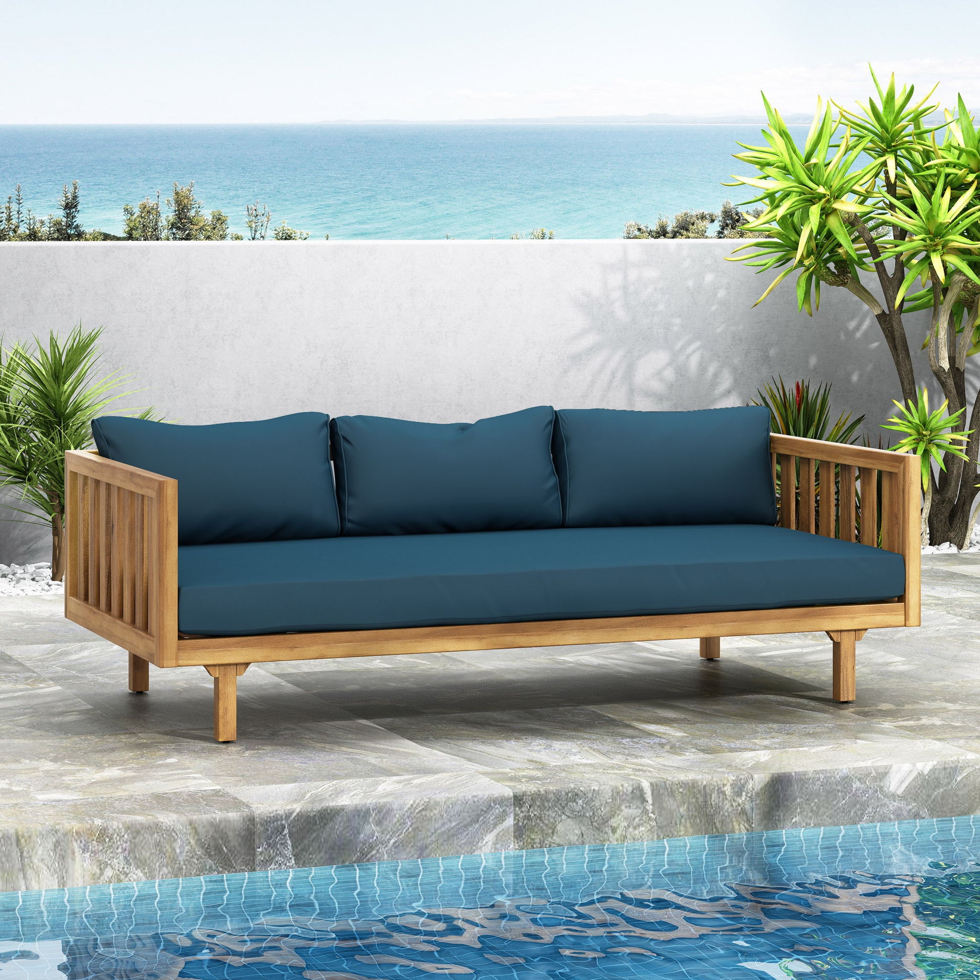 Claremont - 3 Seater Daybed Teak Acacia Wood Water Resistant Cushions Noble House