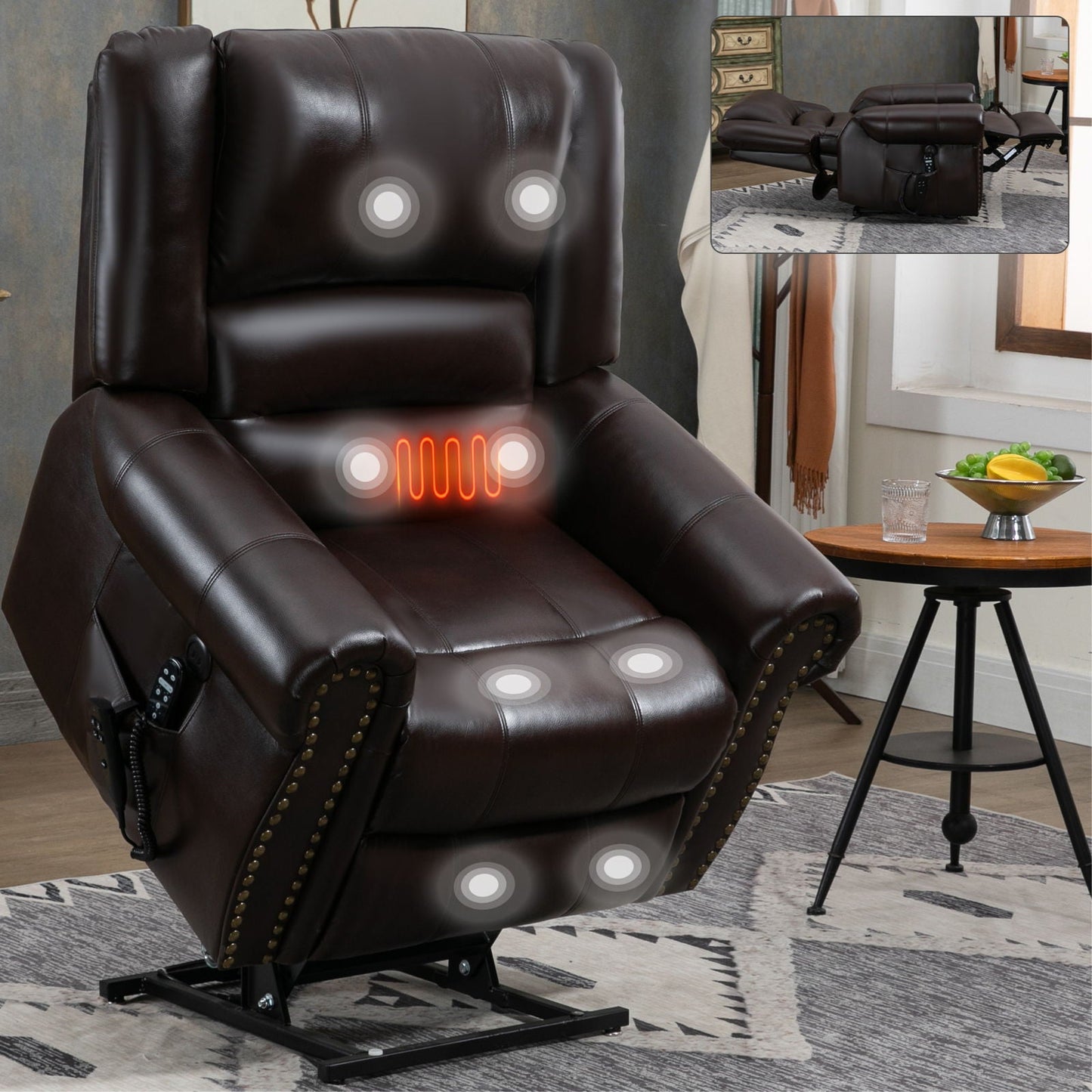 Power Lift Recliner Chair Heat Massage Dual Motor Infinite Position With USB Ports - Antique Brown Home Essentials