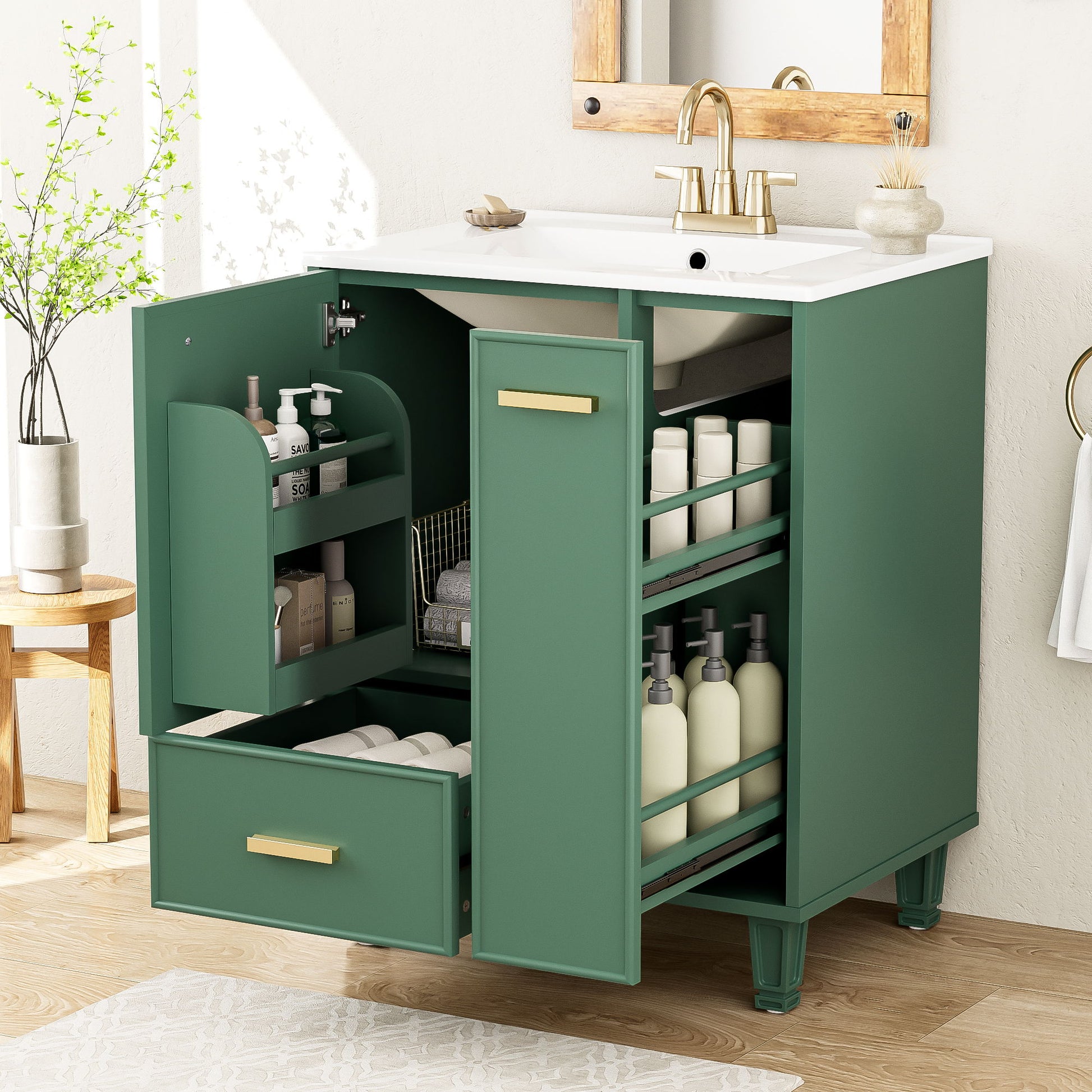 Bathroom Vanity With Sink, Deep Drawer, Door Shelf, 2 Tier Basket Noble House