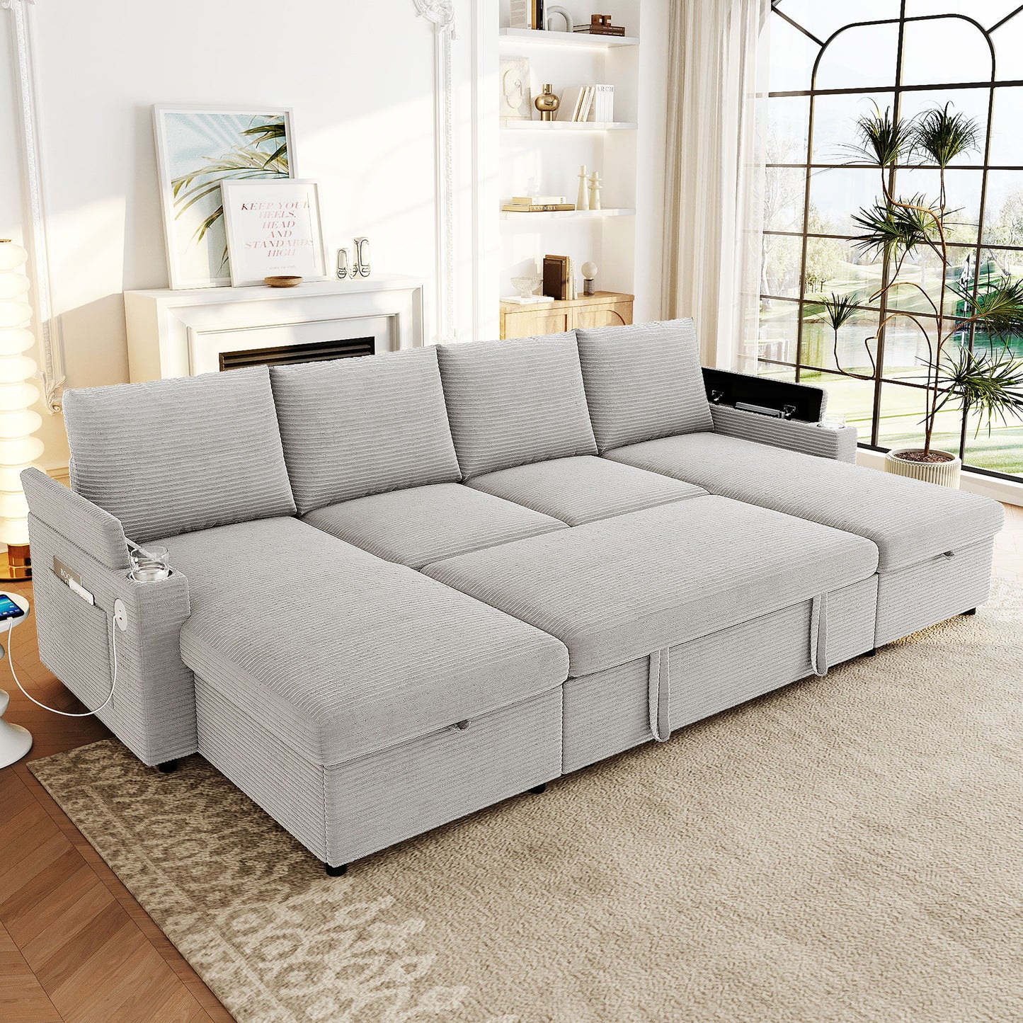 U Shaped Sectional Sofa Bed With Storage Chaise Lounges, USB Ports, And Cup Holders Hearth and Haven