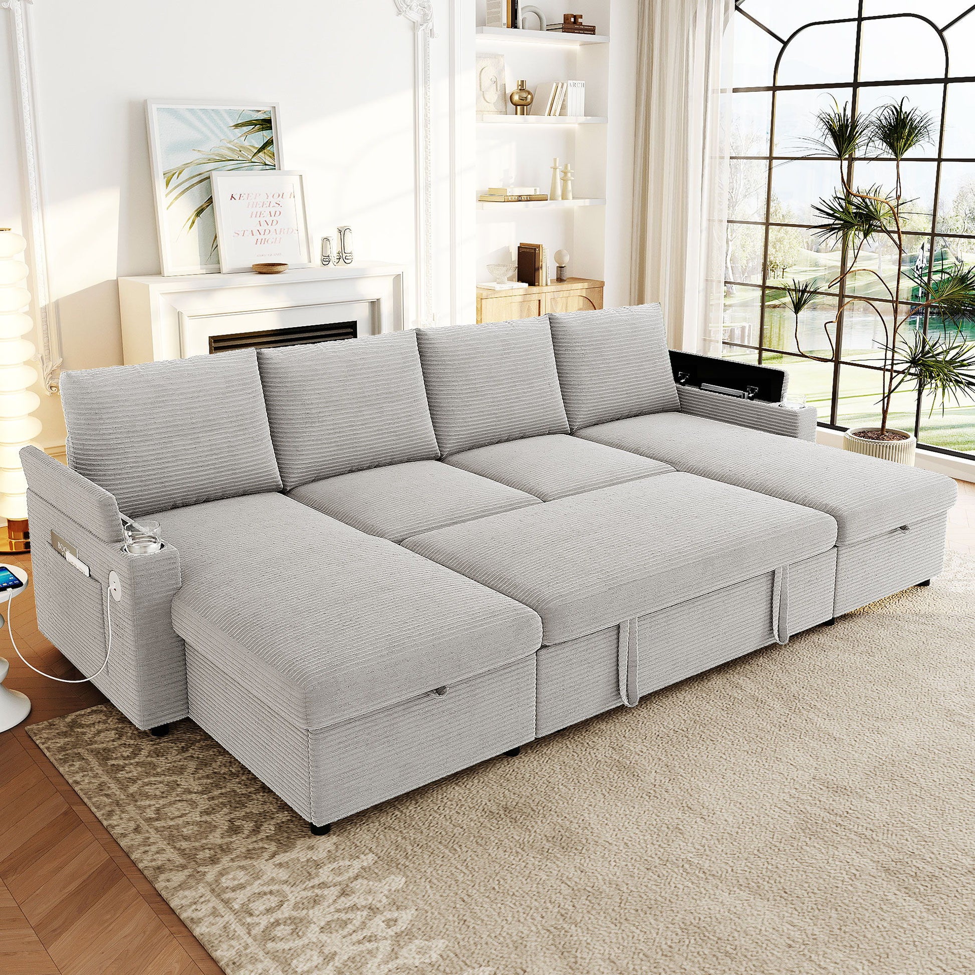 U Shaped Sectional Sofa Bed With Storage Chaise Lounges, USB Ports, And Cup Holders Hearth and Haven
