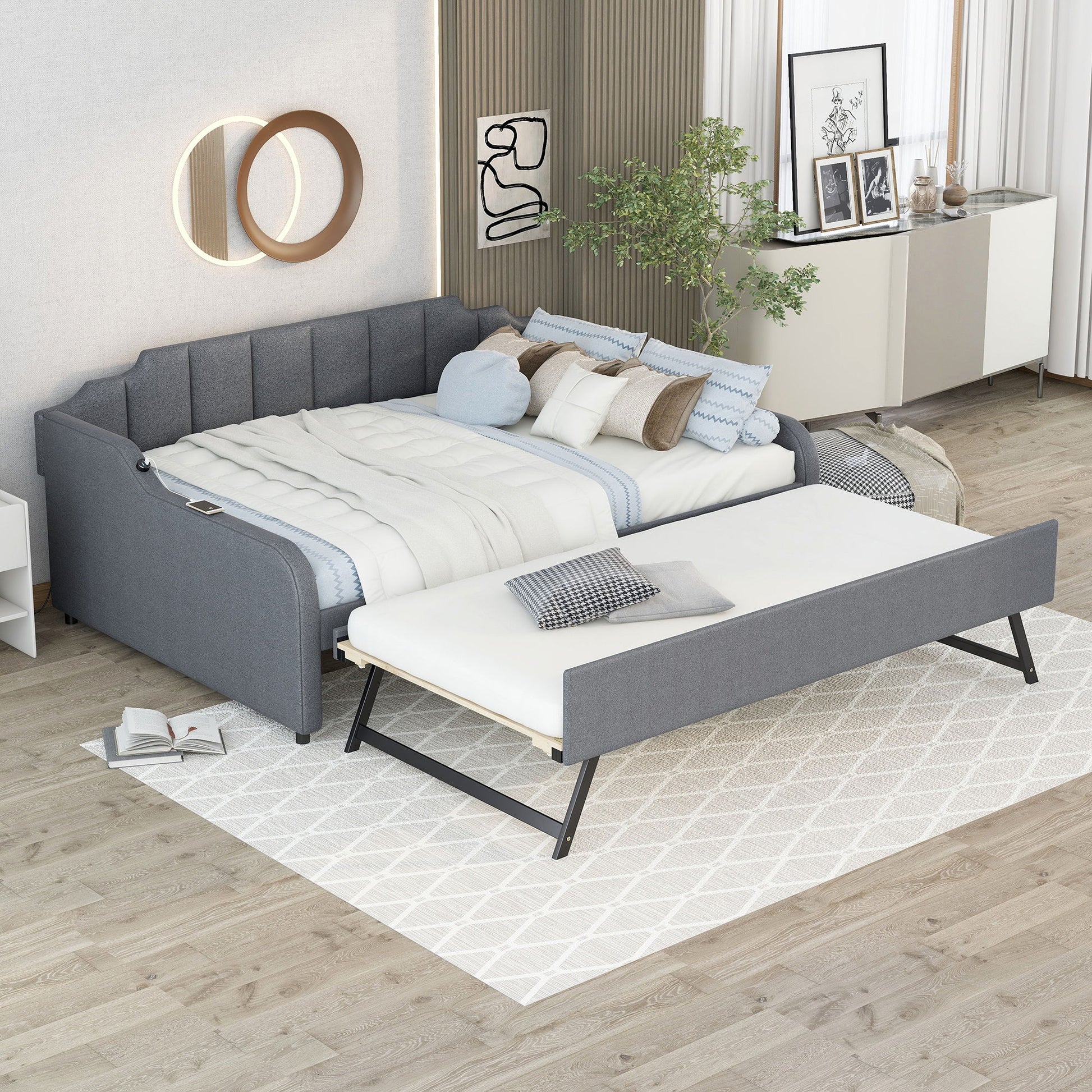 Full Size Upholstered Daybed With Trundle And USB Charging - Gray Hearth and Haven