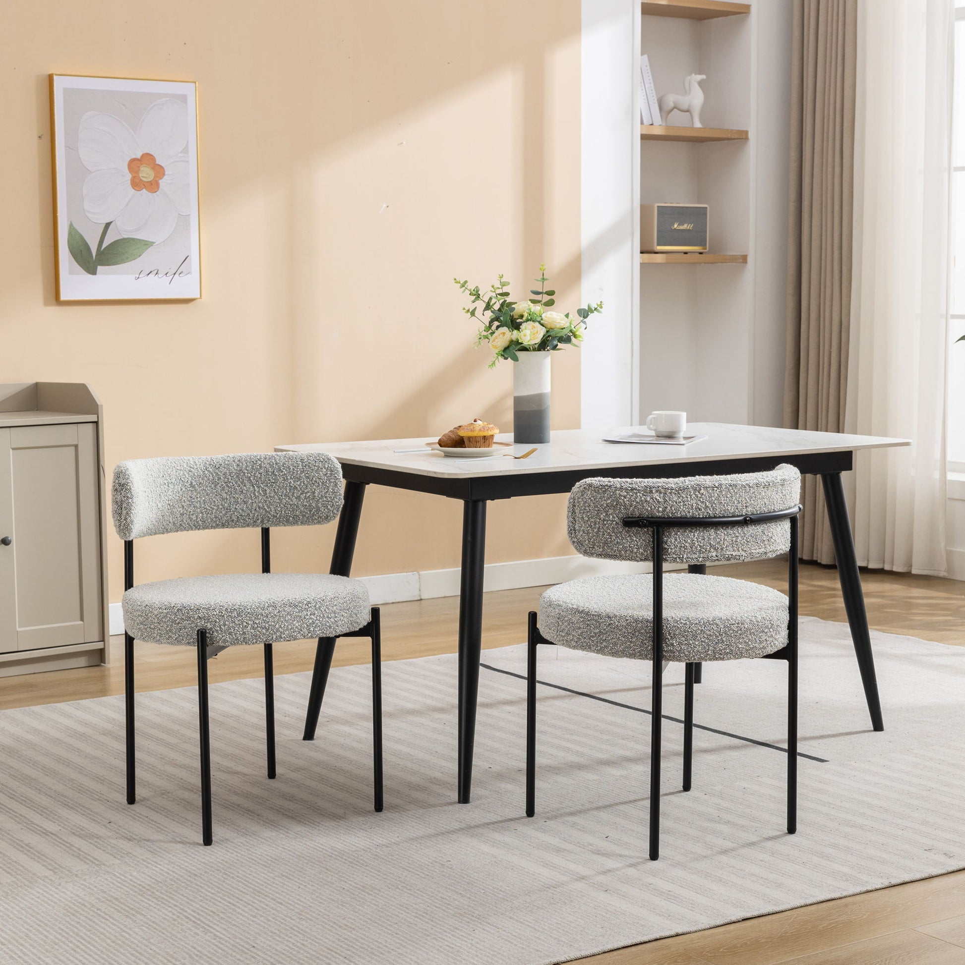 Burbank - Modern Round Boucle Dining Chairs (Set of 2) - Black / White Home Essentials