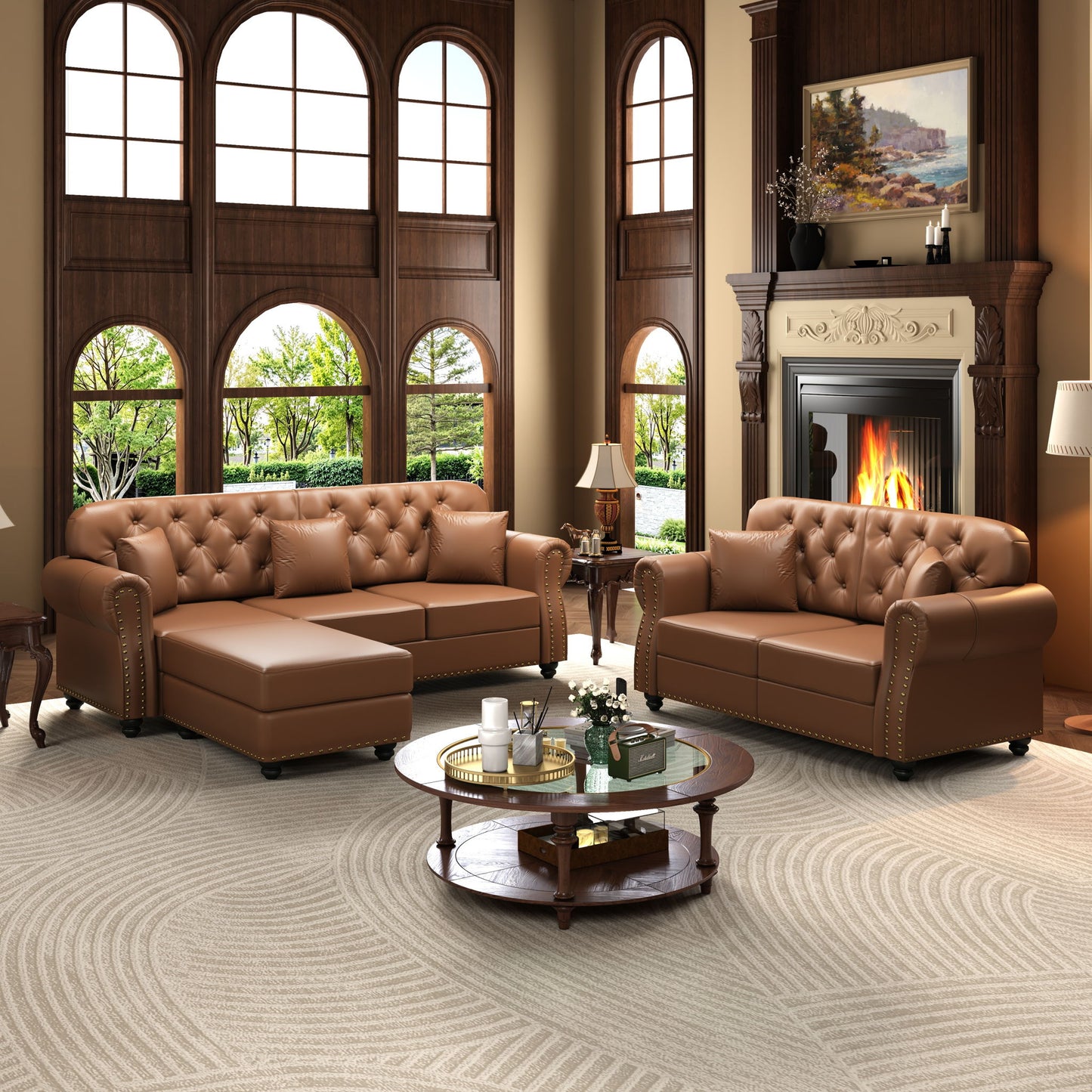 Upholstered Sofa With Nailhead Trim, Rolled Armrests With Ottoman Home Essentials