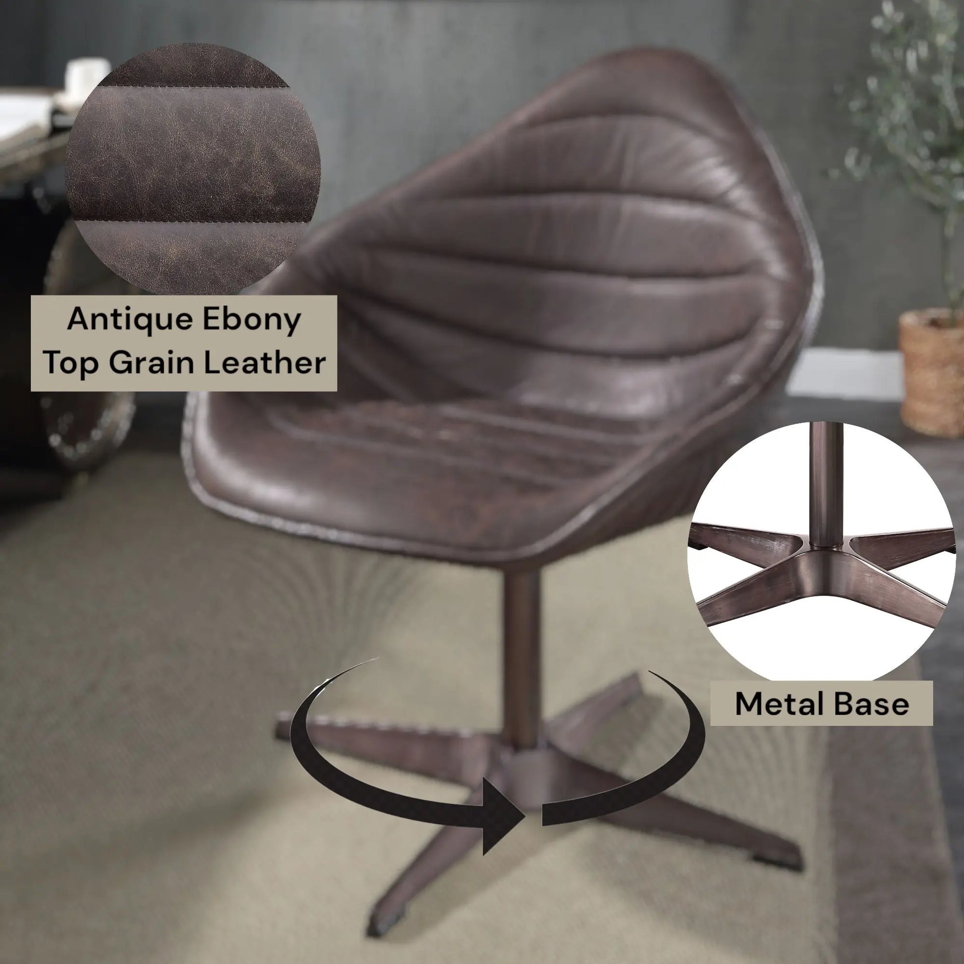 Pipino - Top Grain Leather Accent Chair With Swivel - Antique Ebony Acme
