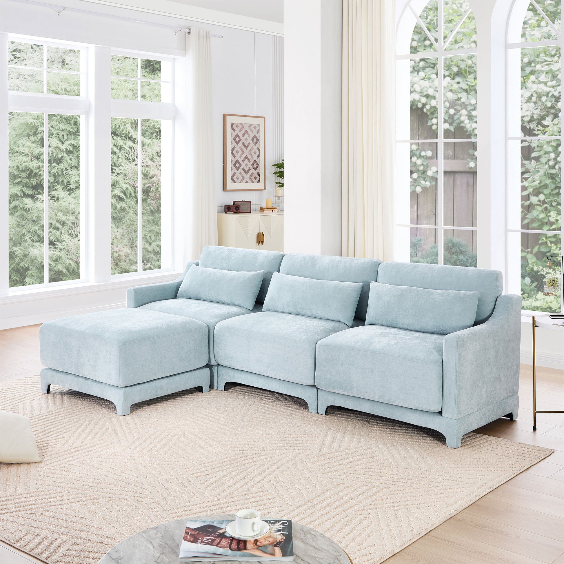 Stylish Sofa With Ottoman And Lumbar Pillows, Ergonomic Design Home Essentials