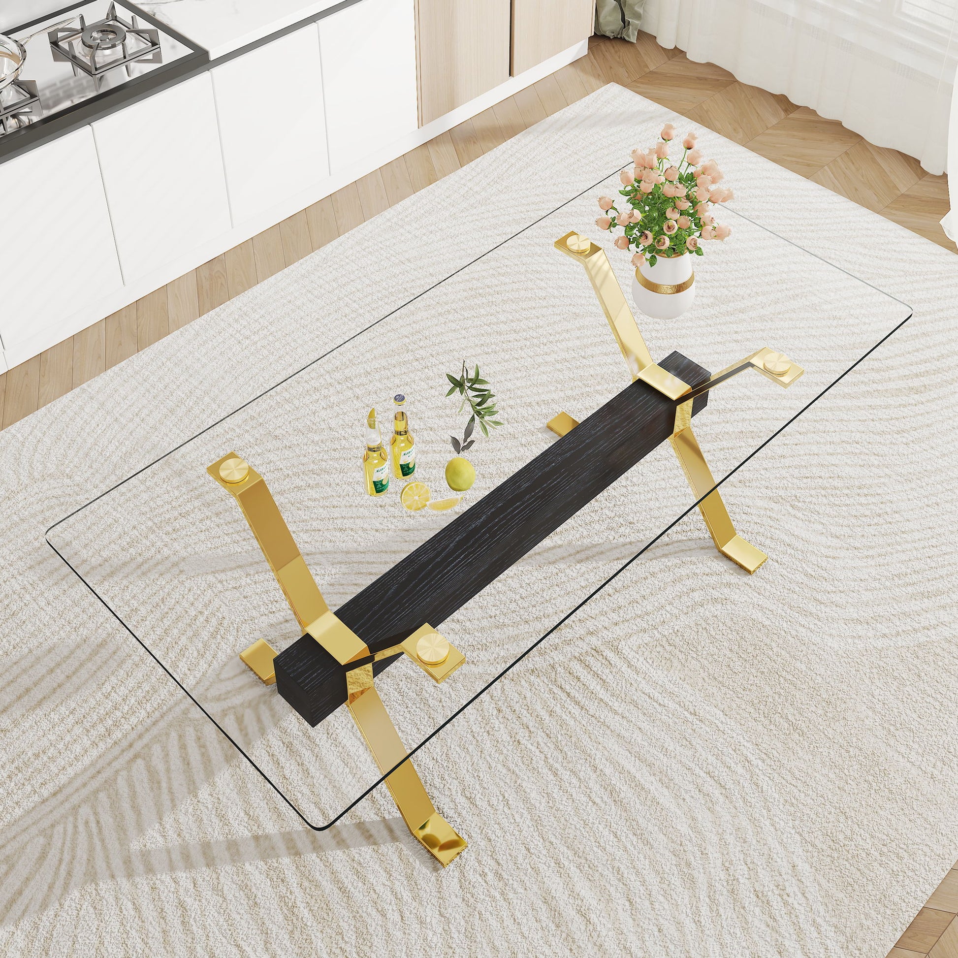 Modern Tempered Glass Dining Table With Metal Legs And Crossbars - Transparent Home Essentials