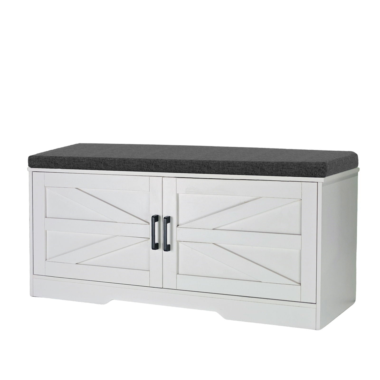 2 Tier Shoe Bench With Padded Seat, 2 Barn Doors And Adjustable Shelves, For Entryway And Living Room - White Daily Nest