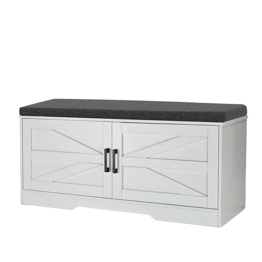 2 Tier Shoe Bench With Padded Seat, 2 Barn Doors And Adjustable Shelves, For Entryway And Living Room - White Daily Nest