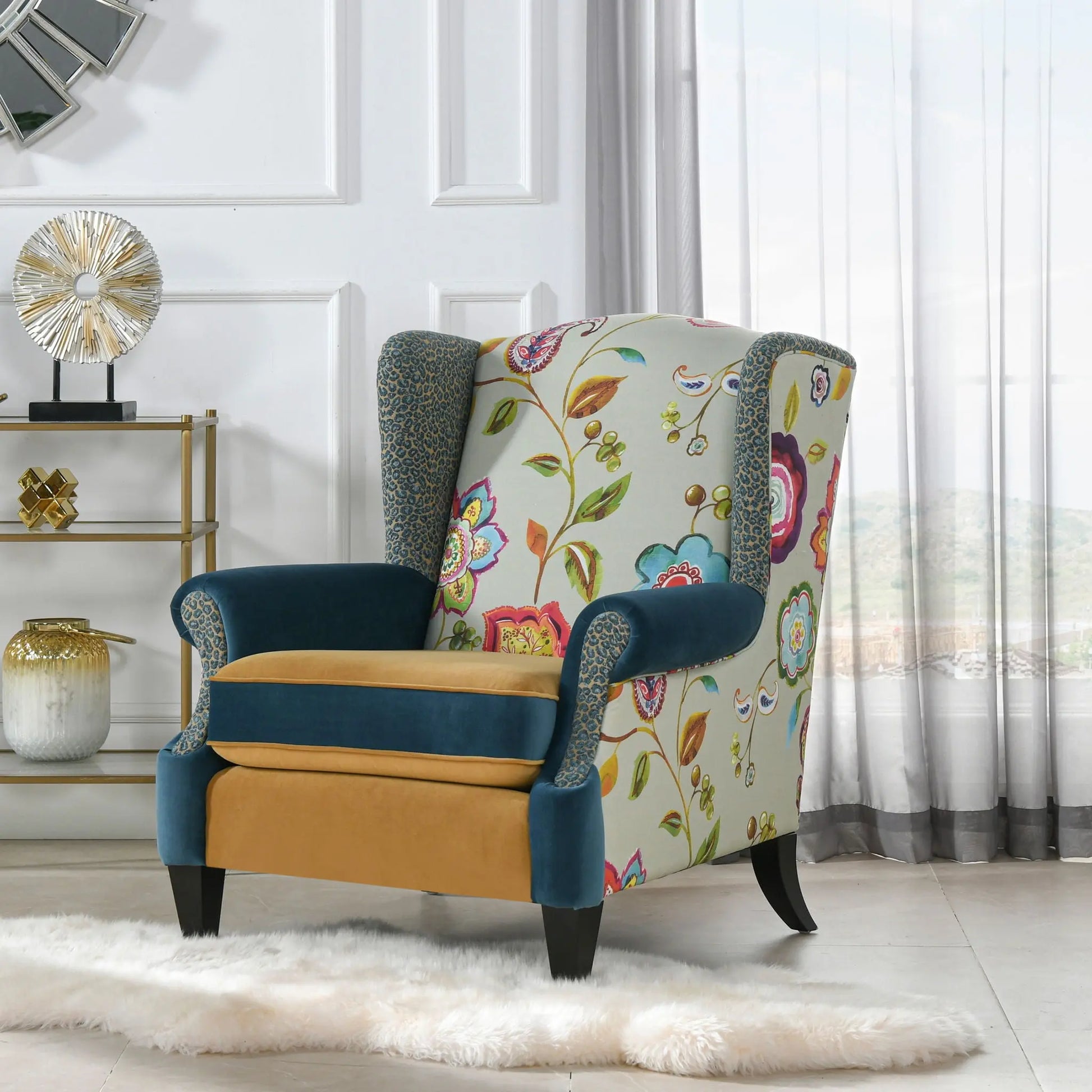 Anya - Boho Chic Wingback Accent Arm Chair - Floral / Leopard / Blue Teal / Yellow Gold Jennifer Taylor Home