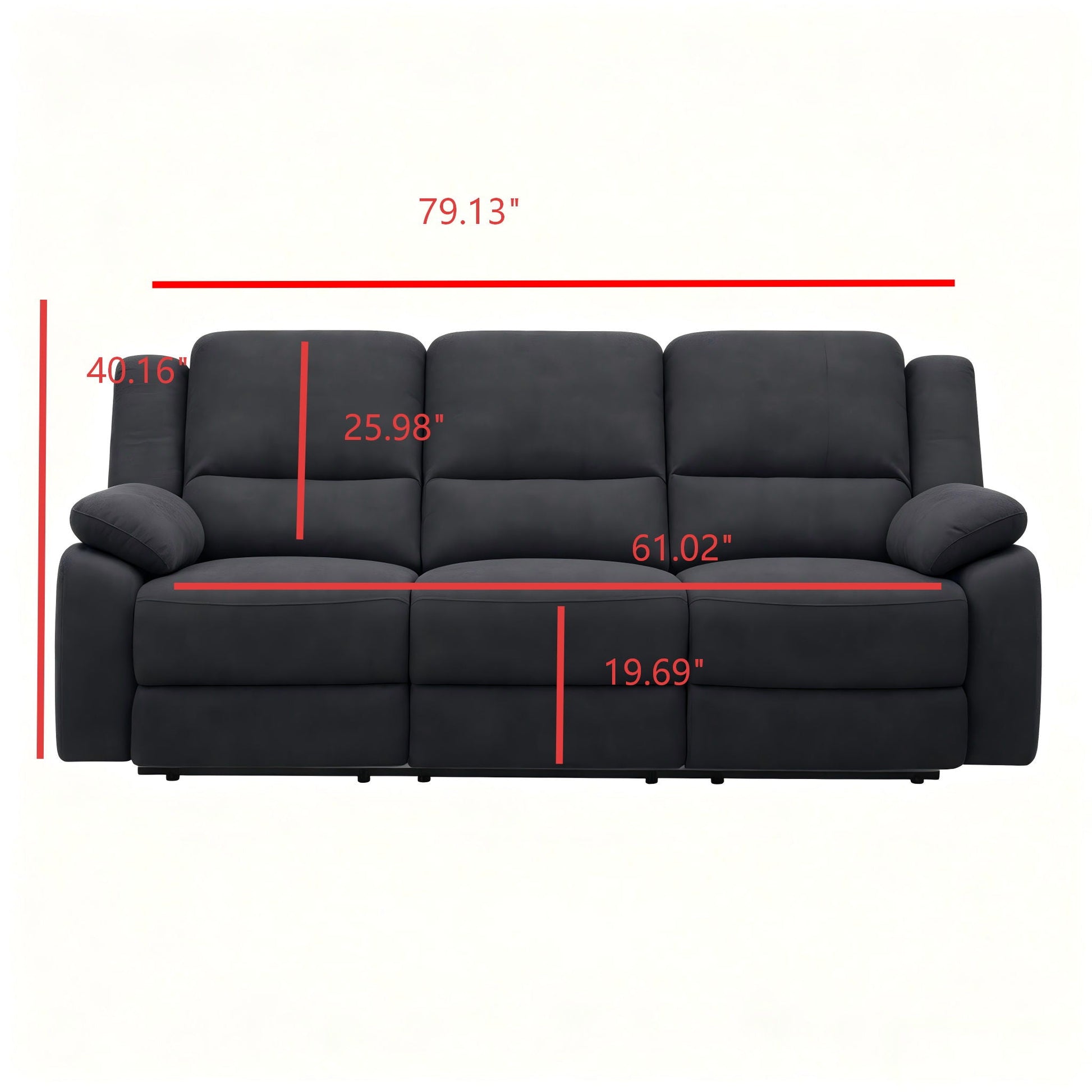 3 Seat Manual Reclining Sofa With Deep Recline - Black Home Essentials