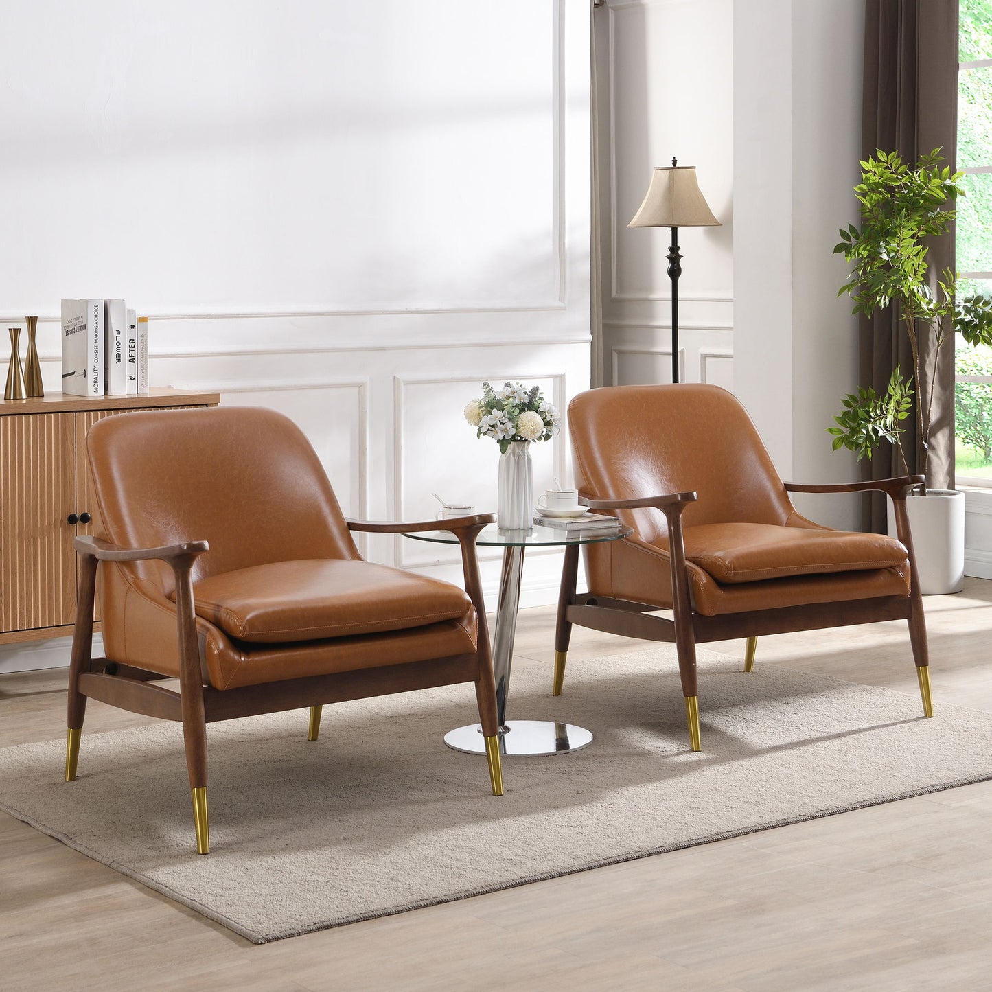 Mid - Century Accent Chair With Cushioned Seat, Brass Tipped Legs Noble House