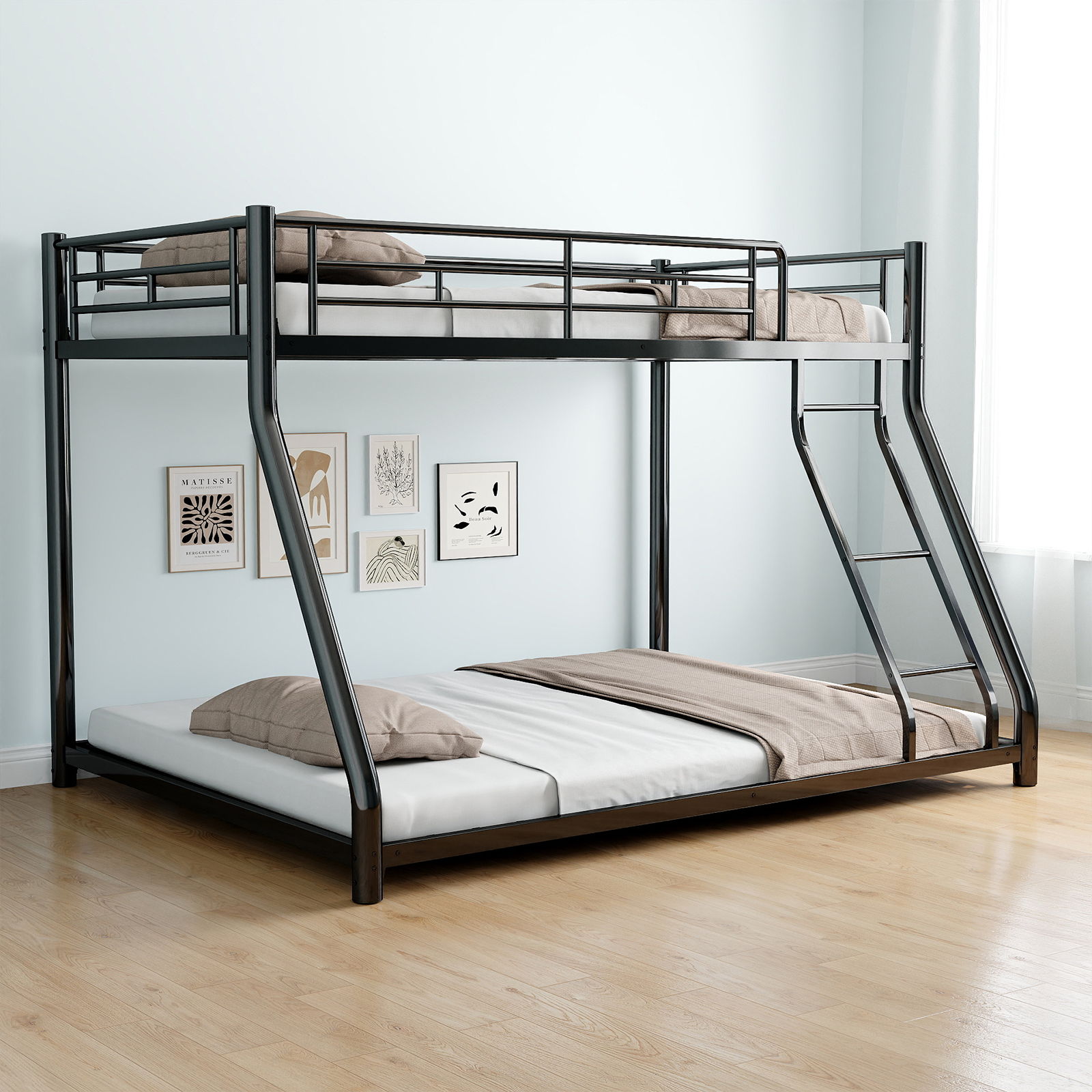 Bunk Bed Frame With Ladder And Guardrail, Heavy Duty Noise Free Design Metal Construction Home Essentials