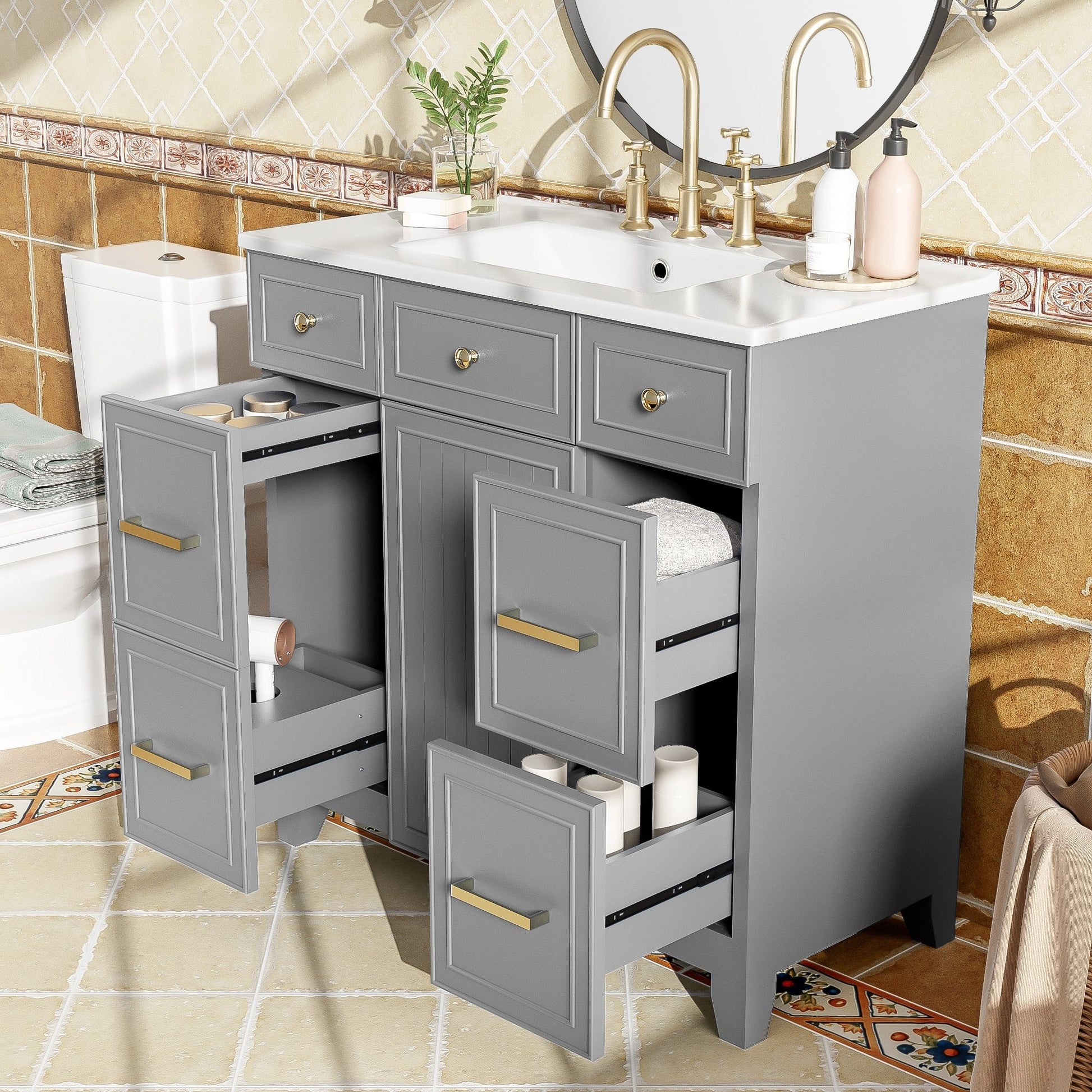Bathroom Vanity With Ceramic Sink, Soft Close Doors, Adjustable Shelves Hearth and Haven