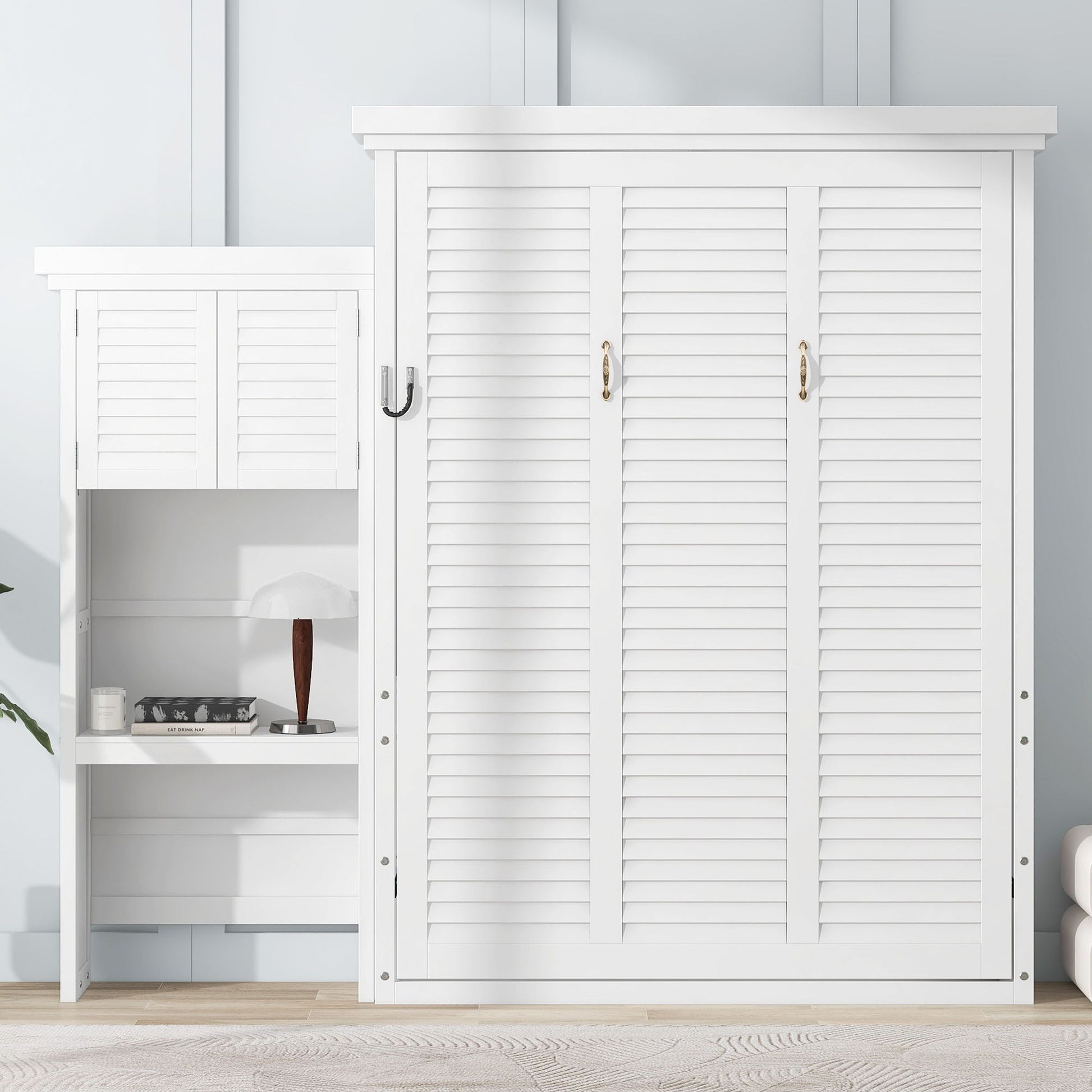 Queen Size Murphy Bed With Louvered Design And Multiple Storage Shelves - White Hearth and Haven