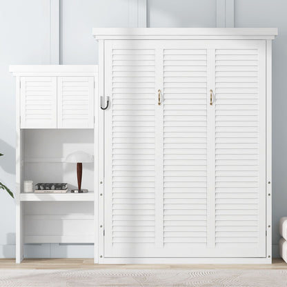Queen Size Murphy Bed With Louvered Design And Multiple Storage Shelves - White Hearth and Haven