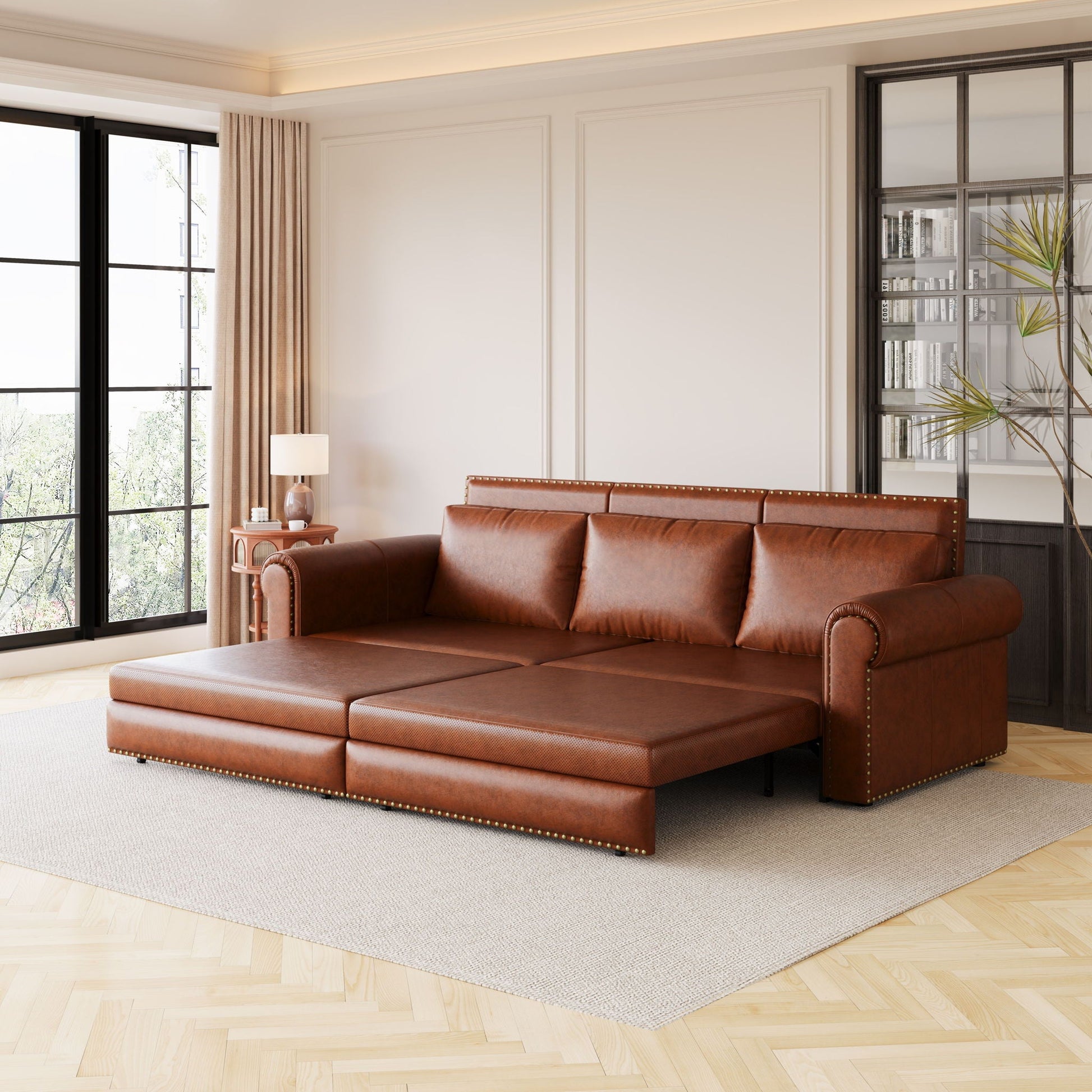3 In 1 Convertible Sleeper Sofa With Nailhead Trim & Rolled Arm Home Essentials