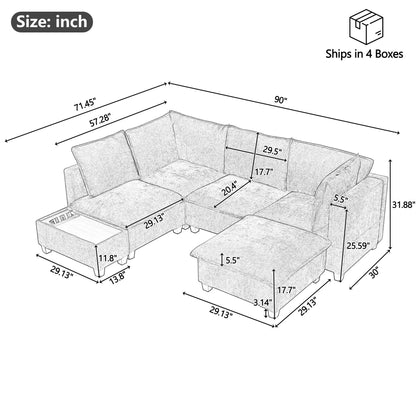 U-Shaped Sectional Modular Sofa With A Movable Ottoman, A Coffee Table With Hidden Charging Devices For Living Room Hearth and Haven