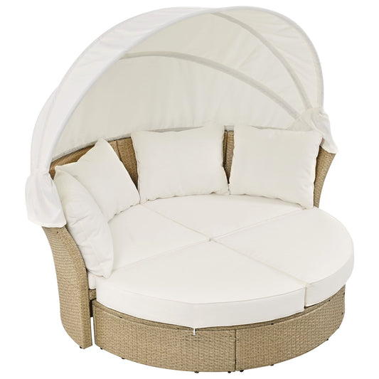 Outdoor Patio Daybed Wicker Rattan Double Daybed Round Sofa Furniture Set With Retractable Canopy, 4 Pillows For Lawn Garden Hearth and Haven