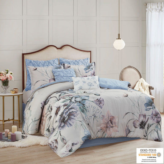Cassandra - California King 8 Piece Printed Comforter Set - Blue Madison Park