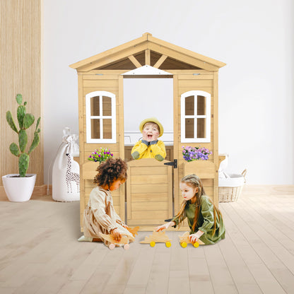 Wooden Playhouse For Kids Outdoor With Working Door, Windows, Mailbox, Flowers Pot Holder - Natural