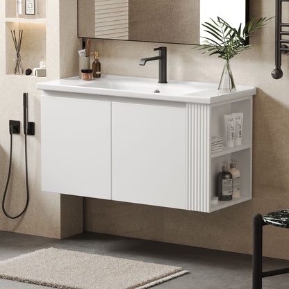 Wall Mounted Bathroom Vanity With Sink, 2 Open Shelves - White Noble House