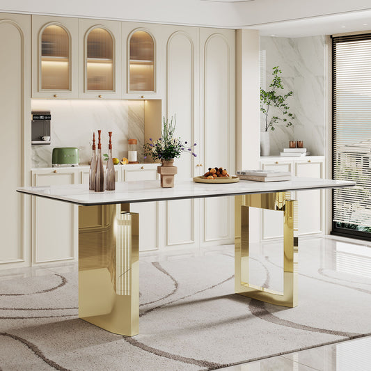 Sintered Stone Composite Tempered Glass Top Rectangular Dining Table With Stainless Steel Base Home Essentials