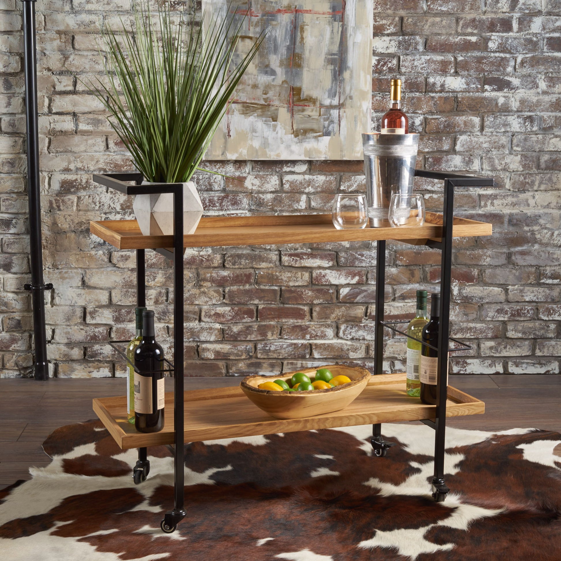 Modern Industrial Bar Cart With Shelving And Casters Noble House
