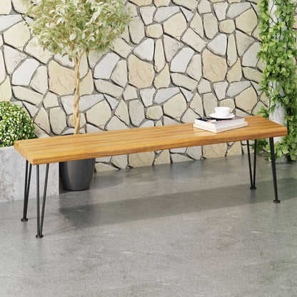 Zion - Industrial Wood And Metal Rectangular Bench With Faux Live Edge Design - Teak Noble House