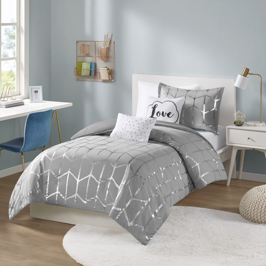 Raina - Twin Metallic Printed Comforter Set - Gray / Silver Intelligent Design