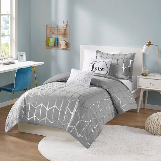 Raina - Twin Metallic Printed Comforter Set - Gray / Silver Intelligent Design