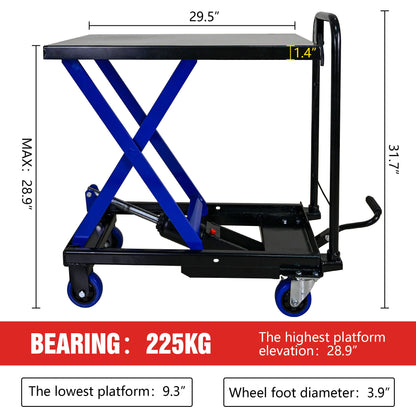 Hydraulic Lift Trolley, 500 Lbs Capacity, With 4 Wheels, For Material Handling And Transportation - Black / Blue Daily Nest