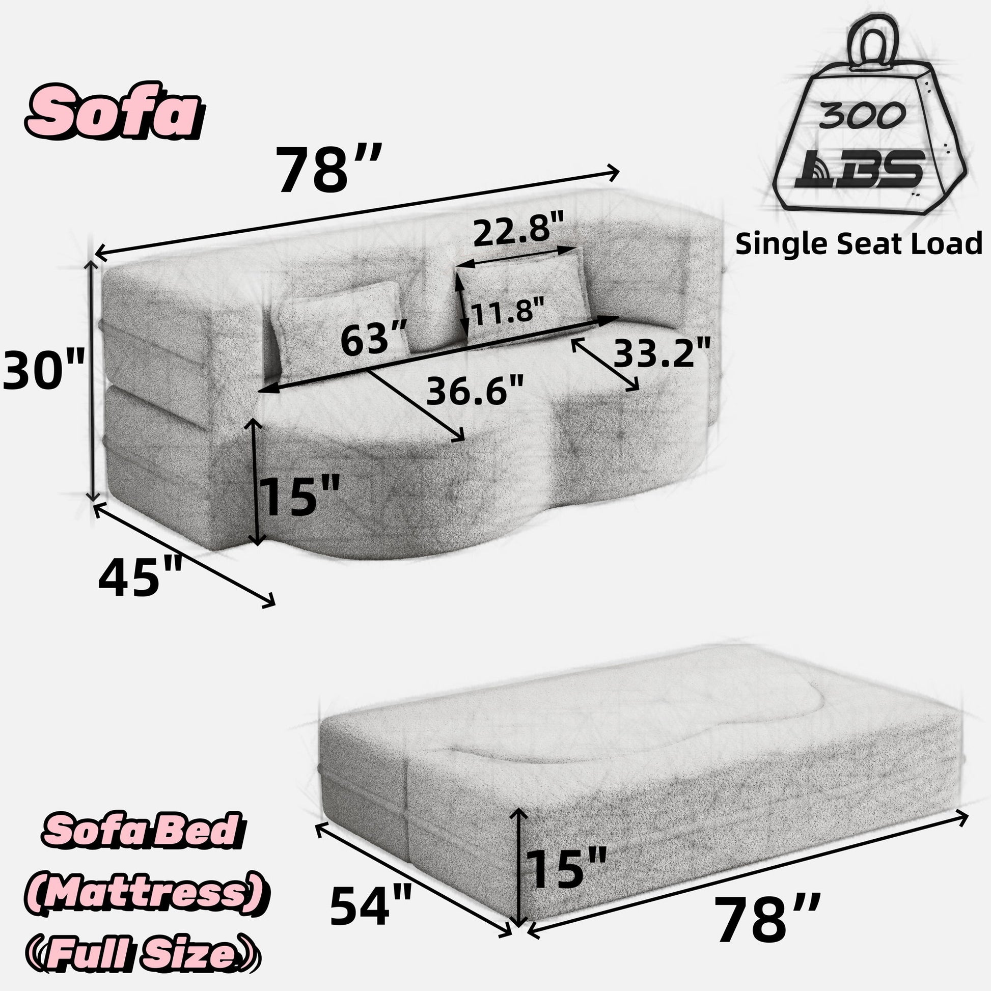 Convertible Foam-Filled Sleeper Sofa Bed With 2 Pillows Home Essentials