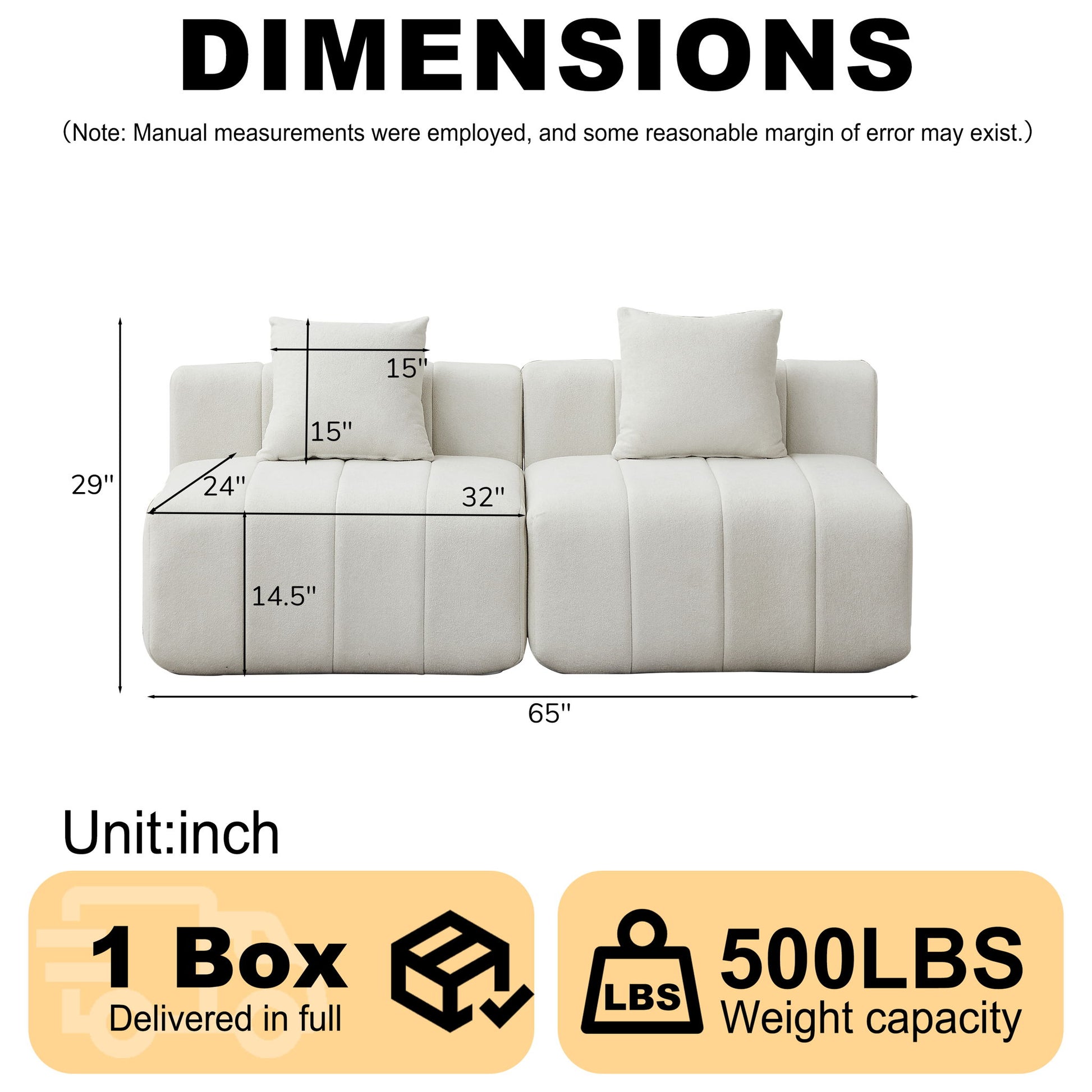Modular Sectional Sofa With 2 Pillows, Symmetrical Design Home Essentials