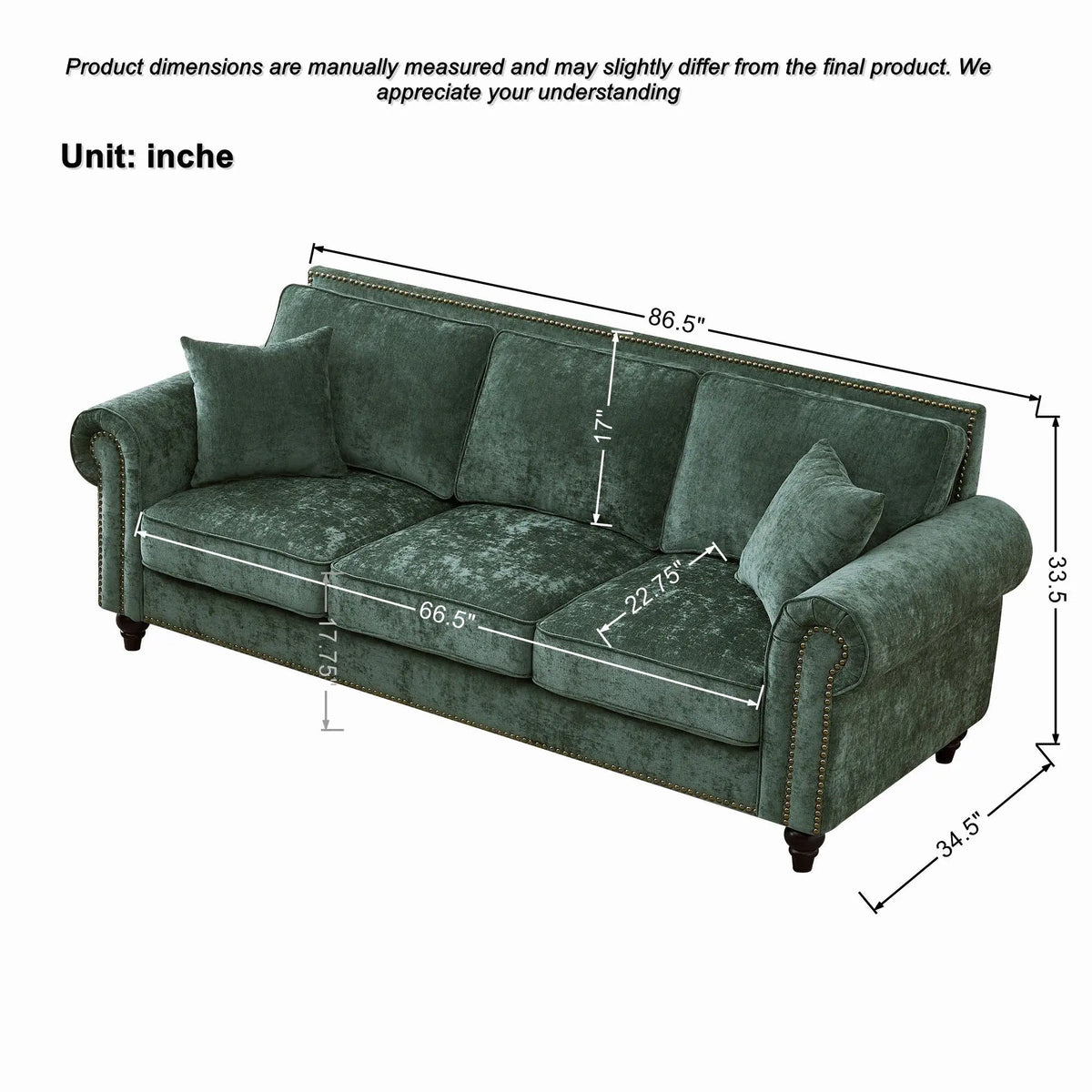 3 Seater Sofa With Tufted Upholstery, Rolled Arms, Nailhead Trim Home Essentials