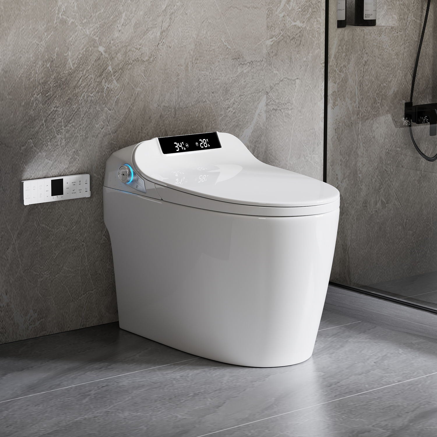 Smart Toilet Bidet Combo With Foot Sensor Open Cover / Seat, Self Cleaning Nozzle, LED Display, Three Level Heated Seat / Airflow, Night Light, Knob Control, Soft Close, Auto Flush, With Remote Control - Gloss White Daily Nest