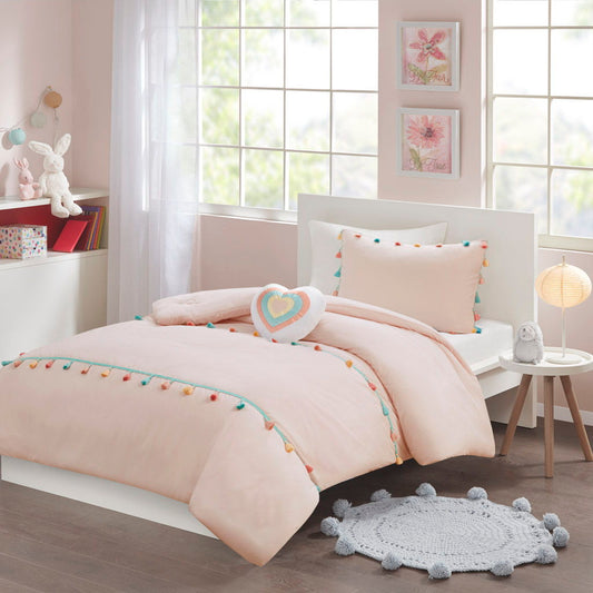 Tessa - Twin Tassel Comforter Set With Heart Shaped Throw Pillow - Blush